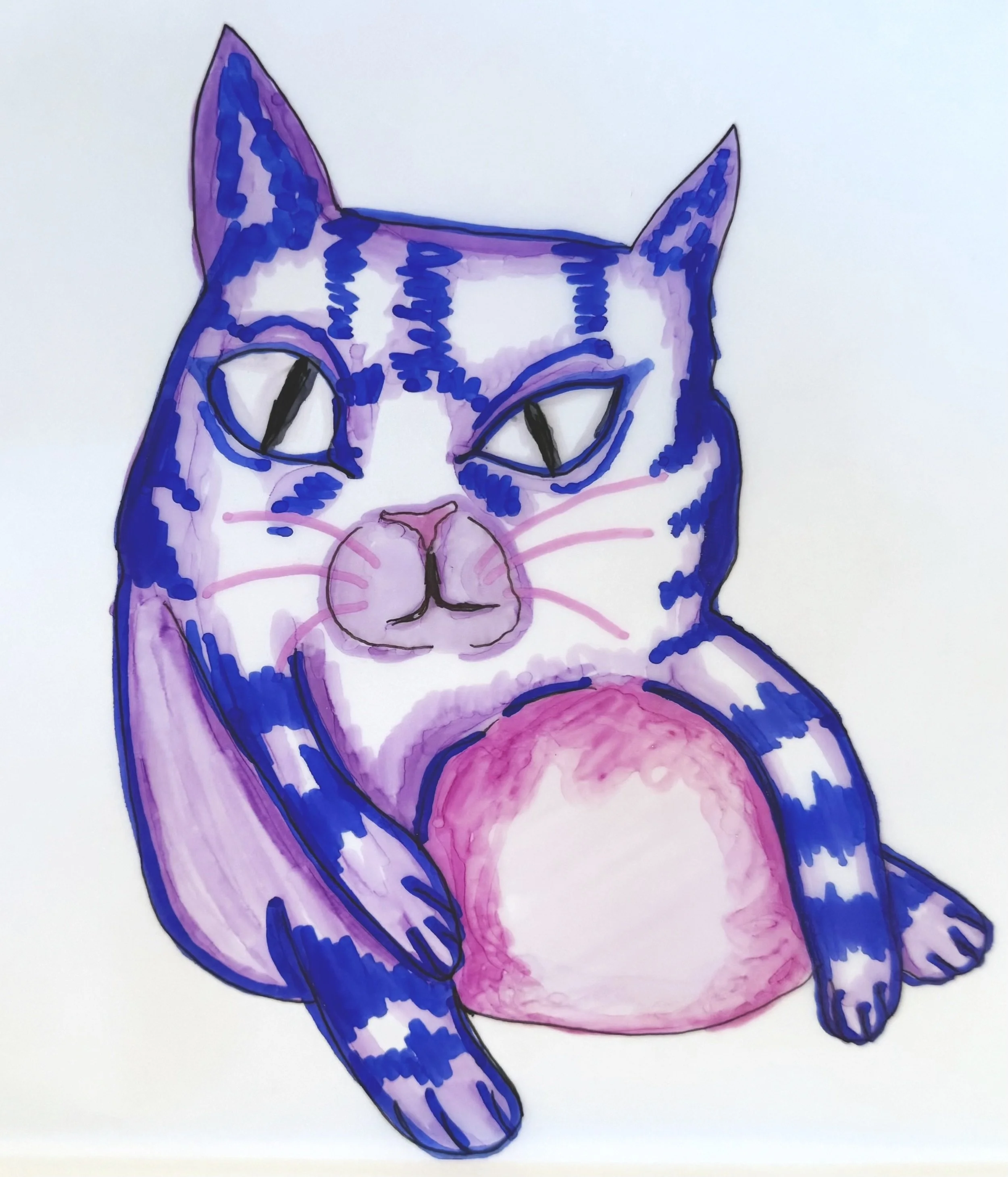 Illustration of a stylized cat with blue and purple stripes, large eyes, and pink accents.