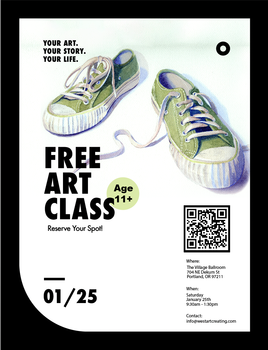 Flyer for a free art class for ages 11 and up, featuring an illustration of a pair of green sneakers. Text includes the class date, January 25th, and location, The Village Ballroom in Portland, Oregon. Contact info and a QR code are also included.