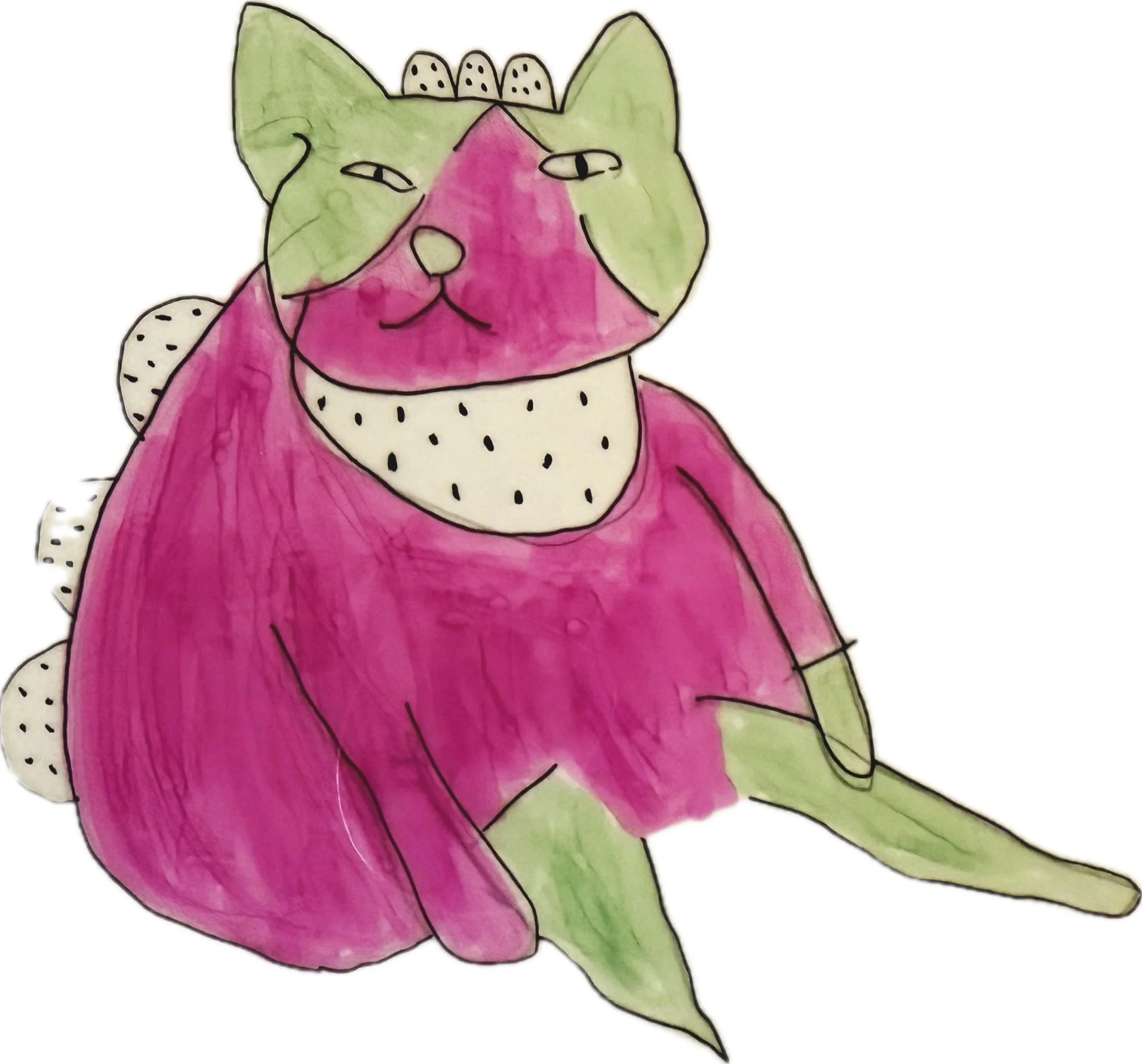 Colorful abstract drawing of a cat-like creature sitting down, with green and pink sections and patterned areas on its body.