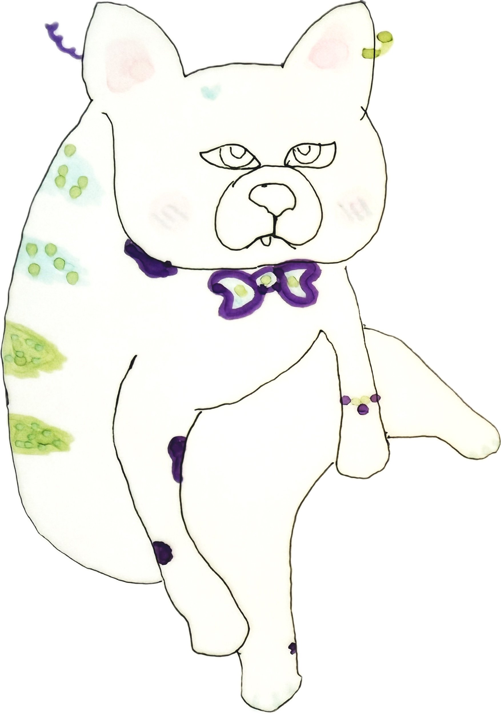 Whimsical cat drawing with bow tie and patterns