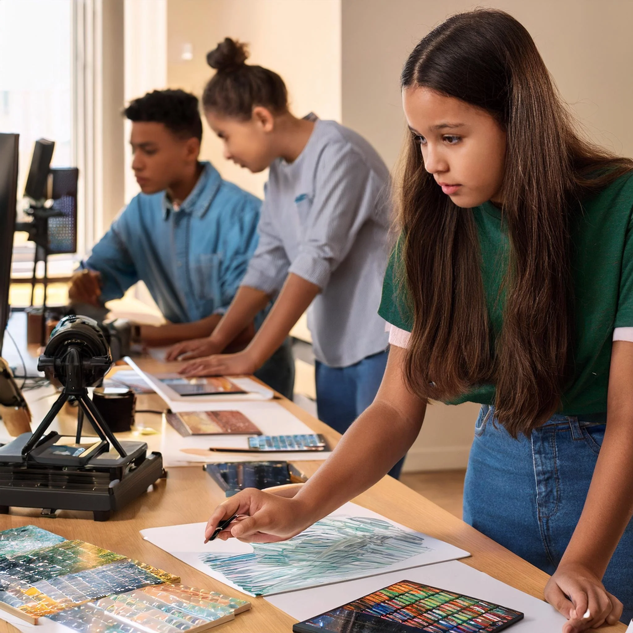 Three students engaged in a creative art project, using colored pencils and drawings on a table, with computers in the background.