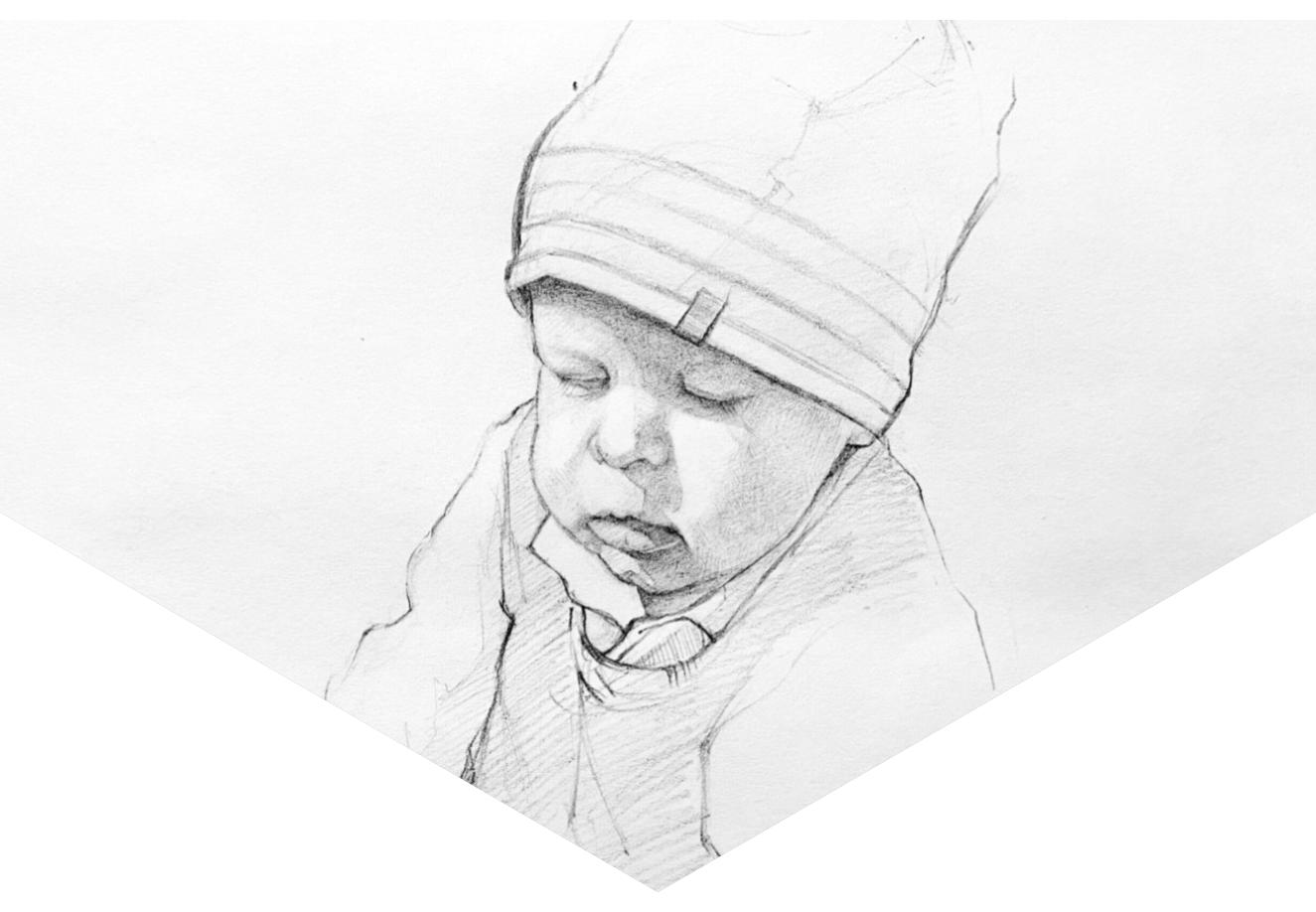 Sketch of a baby wearing a beanie, looking downward, drawn in pencil.