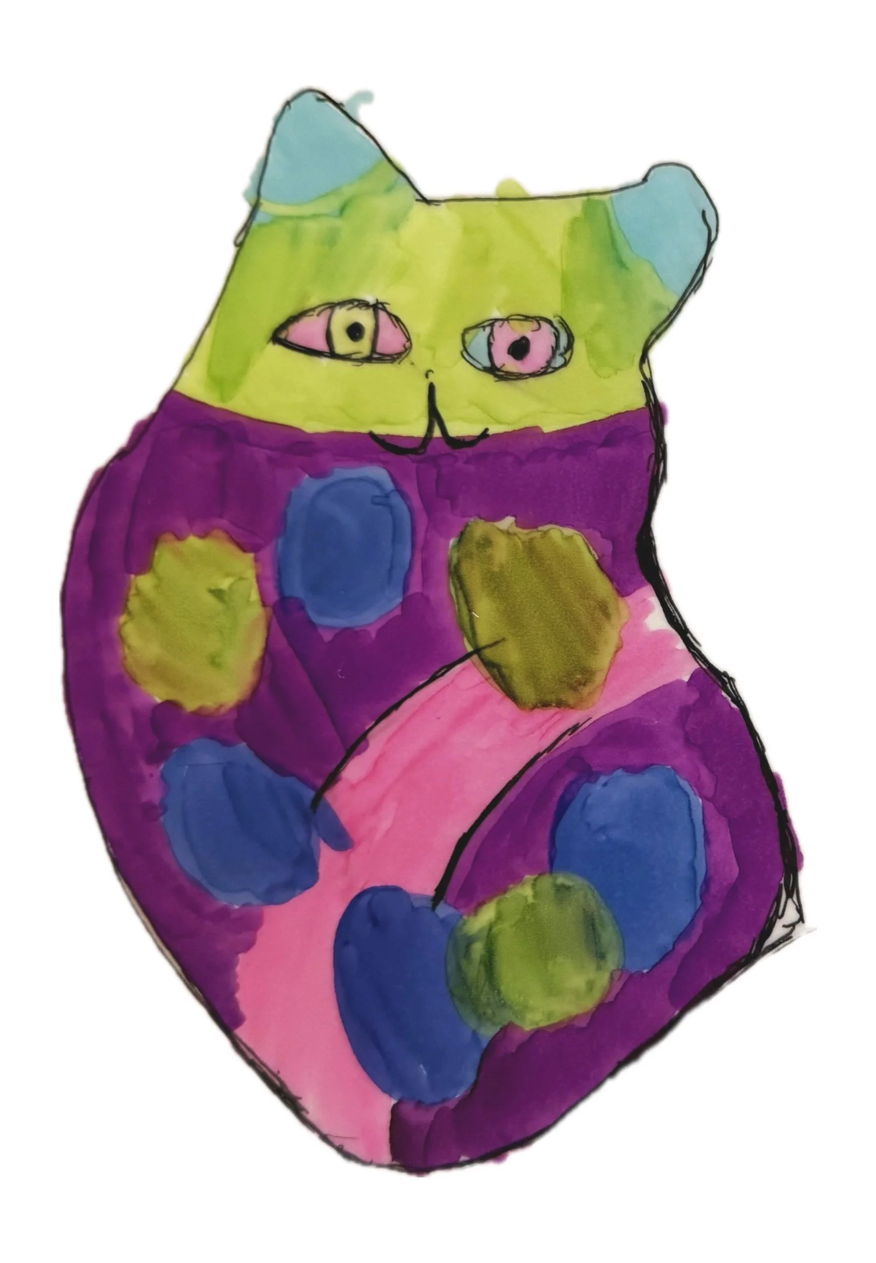Colorful abstract cat illustration with green head, blue ears, and a purple body with blue and green spots.