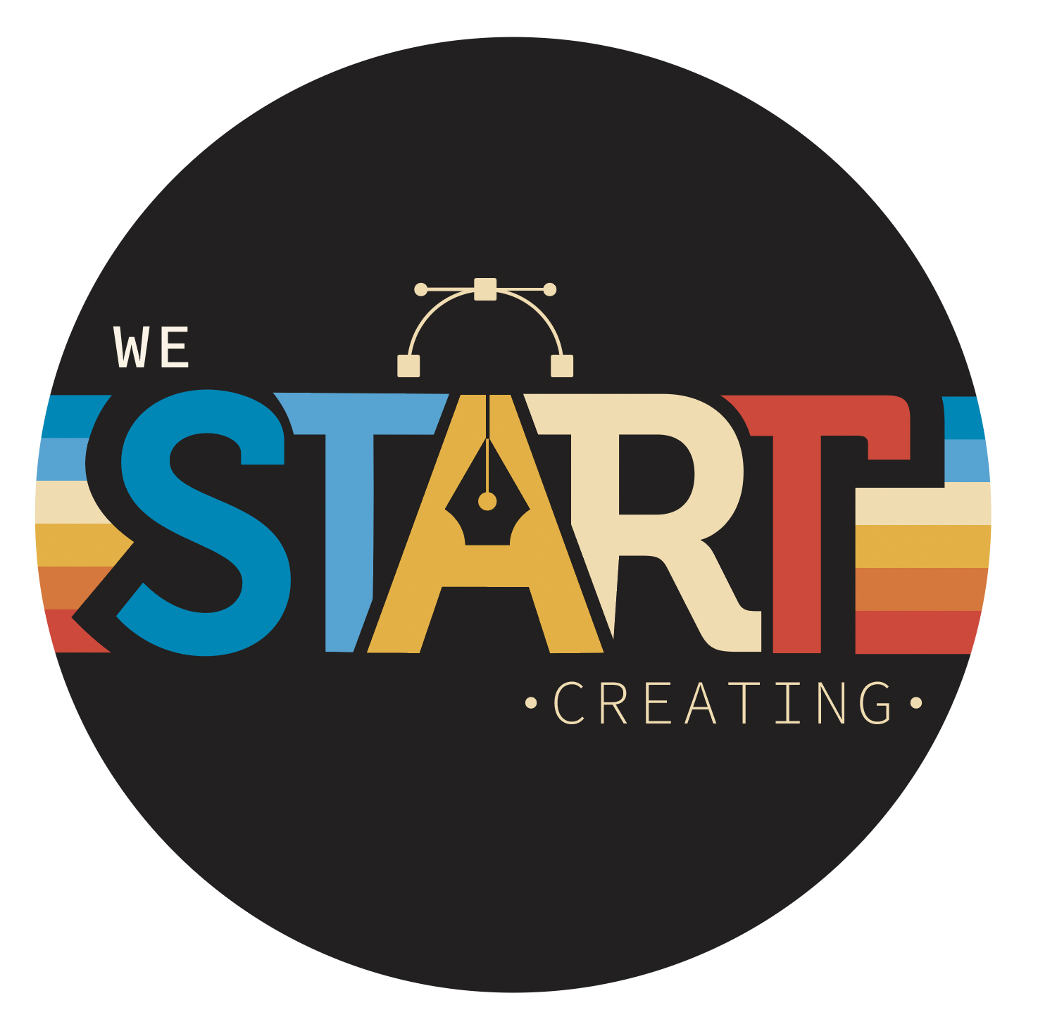 Graphic design featuring the words 'We Start Creating' with a pen nib icon and colorful stripes on a black circle background.