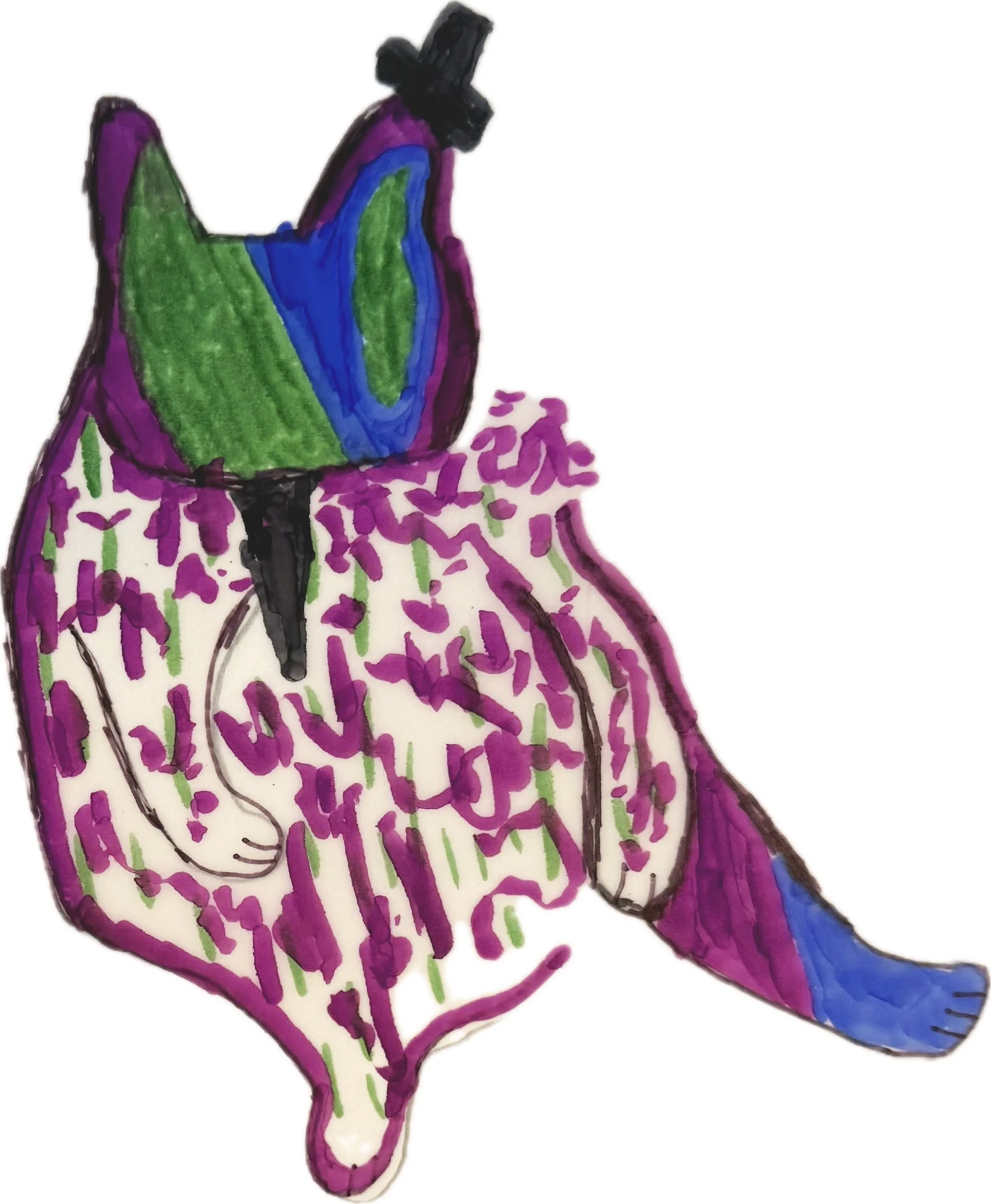 Colorful abstract cat illustration with purple, green, and blue hues