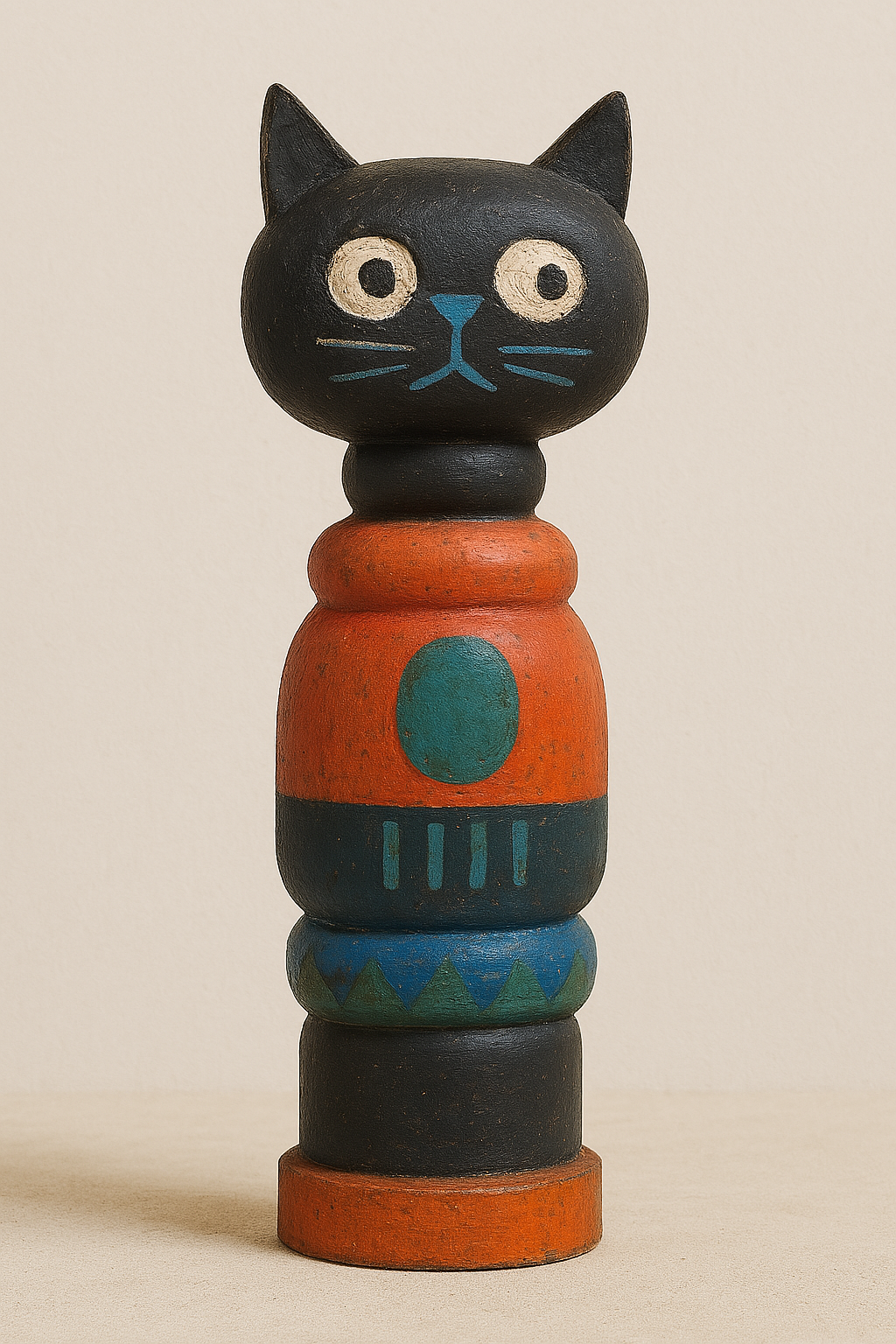 Wooden cat figurine with geometric design and painted details.