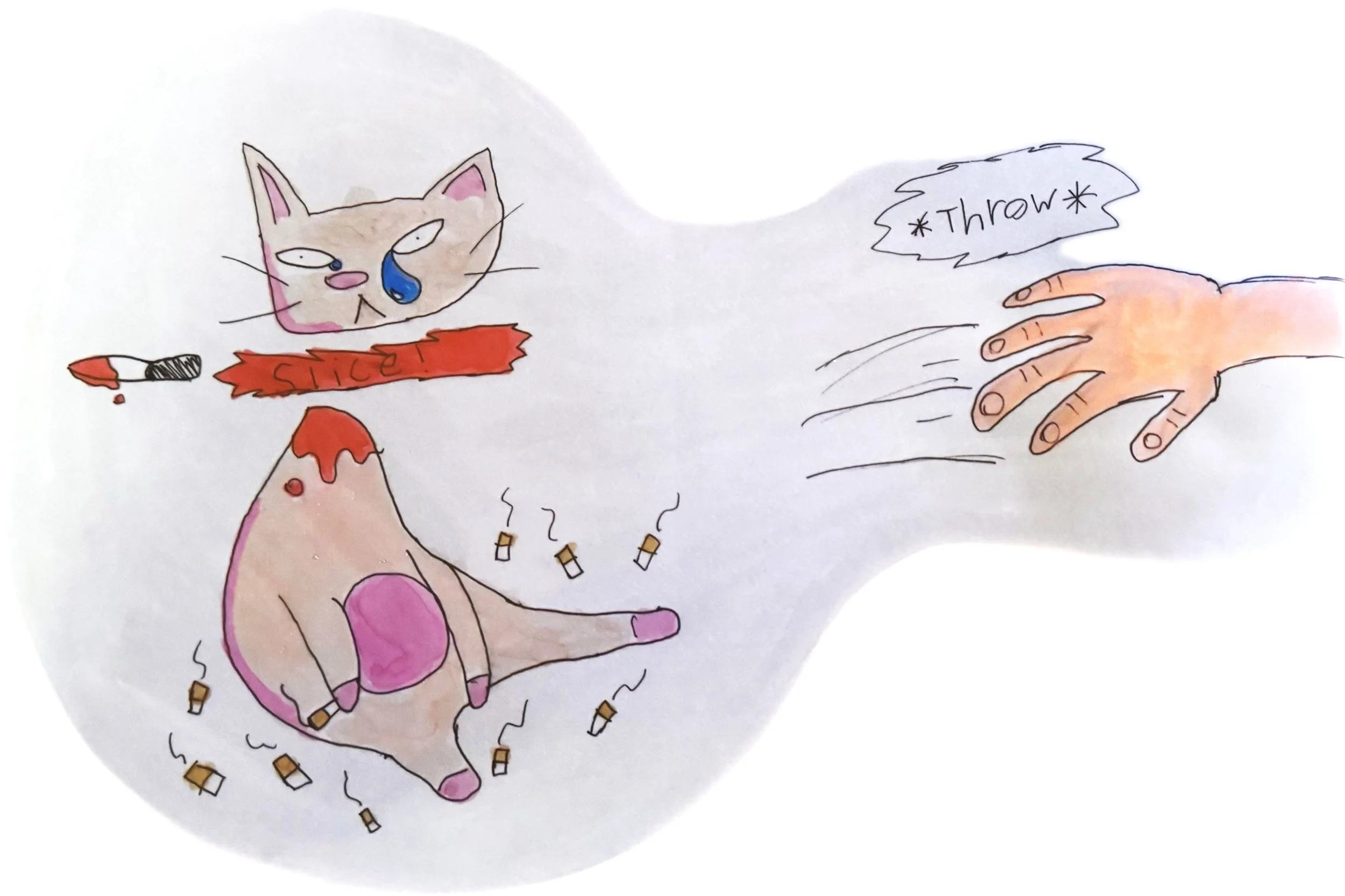 Illustration of a distressed cat with a slice of red around its neck, cigarette butts, and a detached hand throwing an item marked "slice"