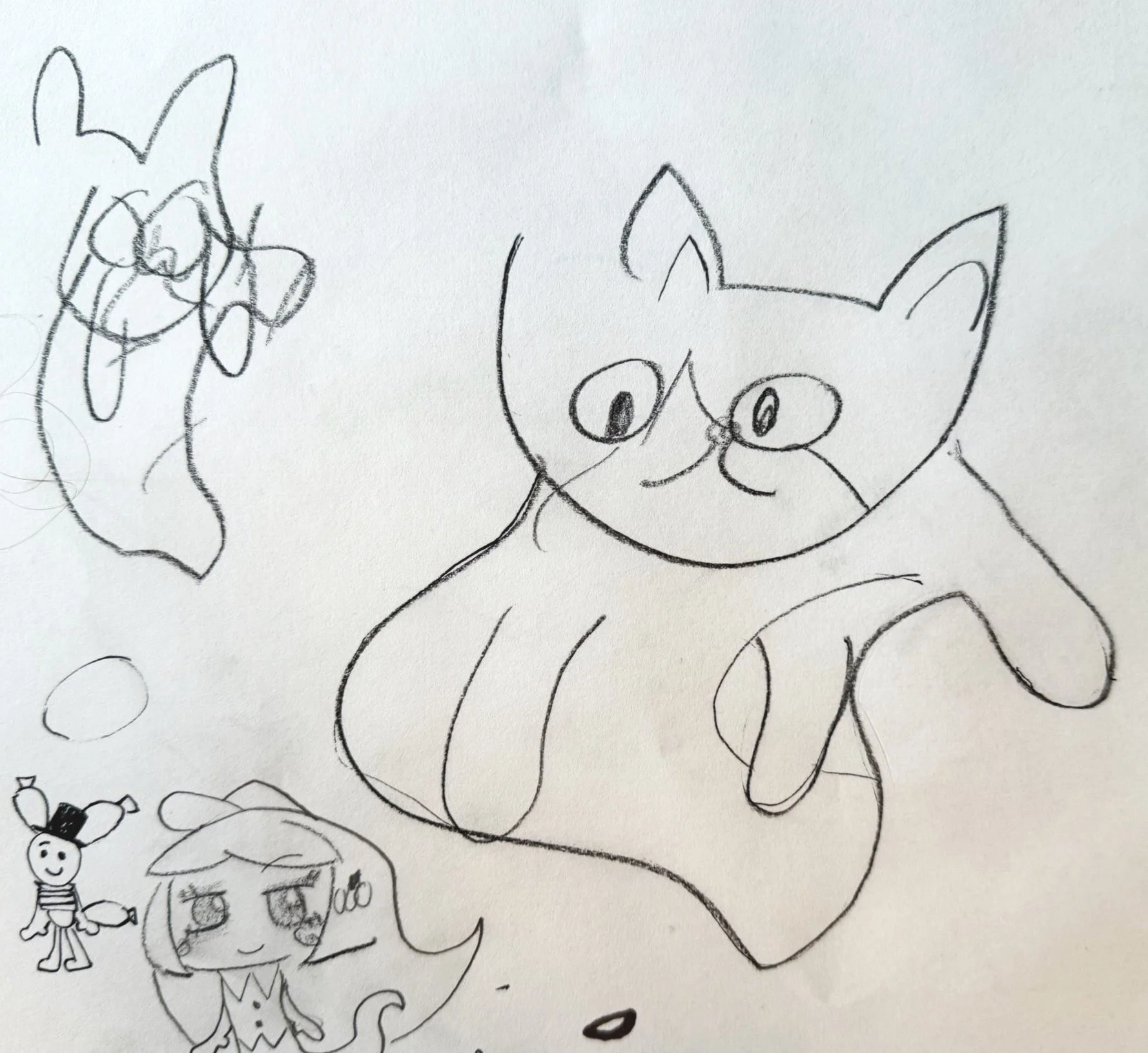 Sketch of cartoon characters, including a stylized cat with a big head and expression, a smaller abstract figure, and a woman with long hair.