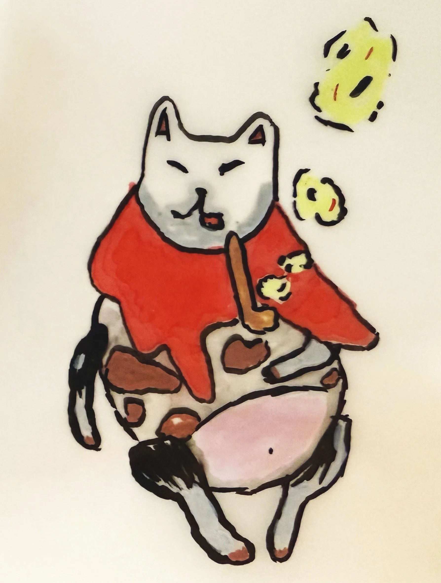 A whimsical illustration of a cat with a white face, red cloak, and patterned body in a seated position, surrounded by floating yellow shapes.
