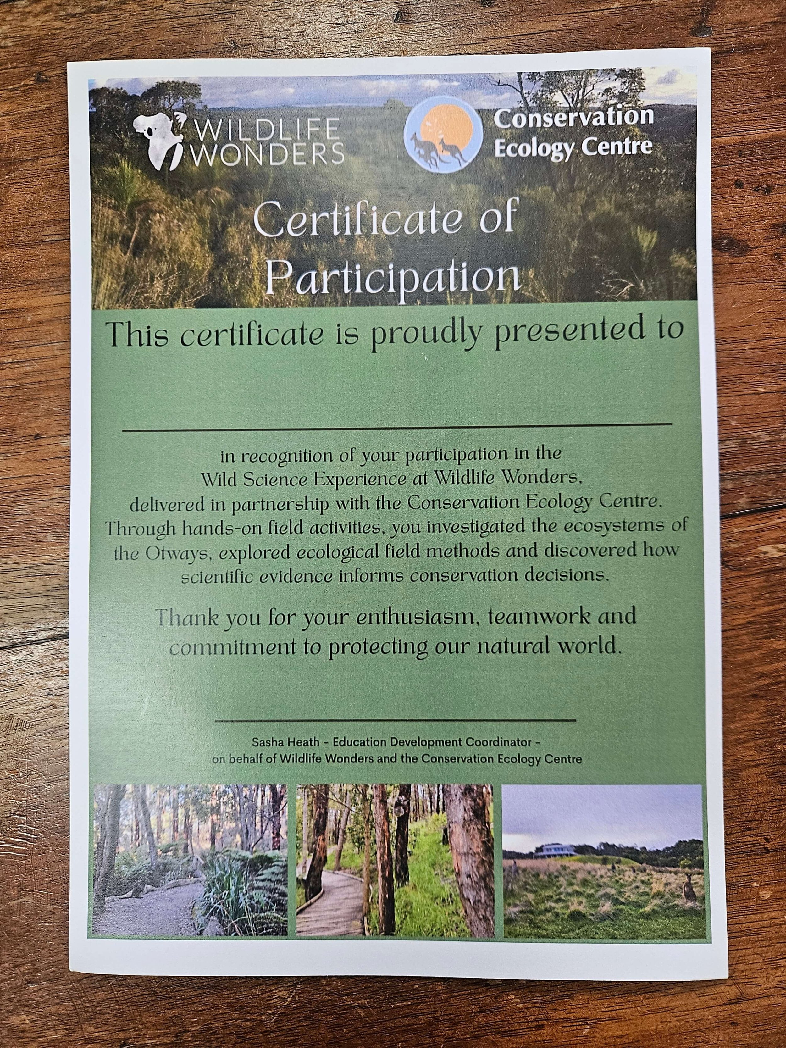 Certificate - Wild Science Experience at Wildlife Wonders.jpg