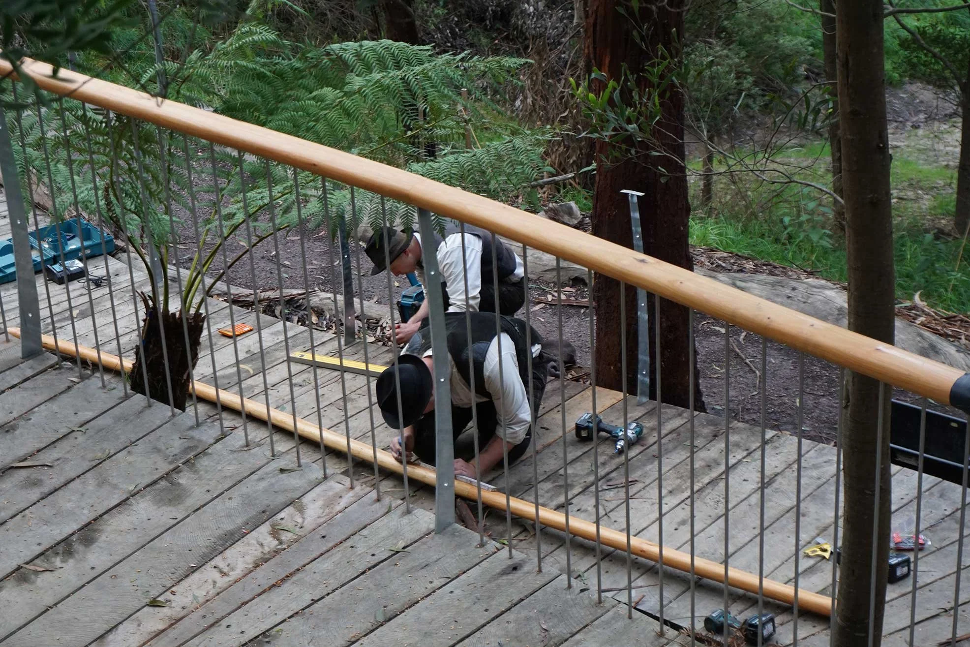 Two people working on wooden decking in a forest setting, surrounded by tools and ferns.