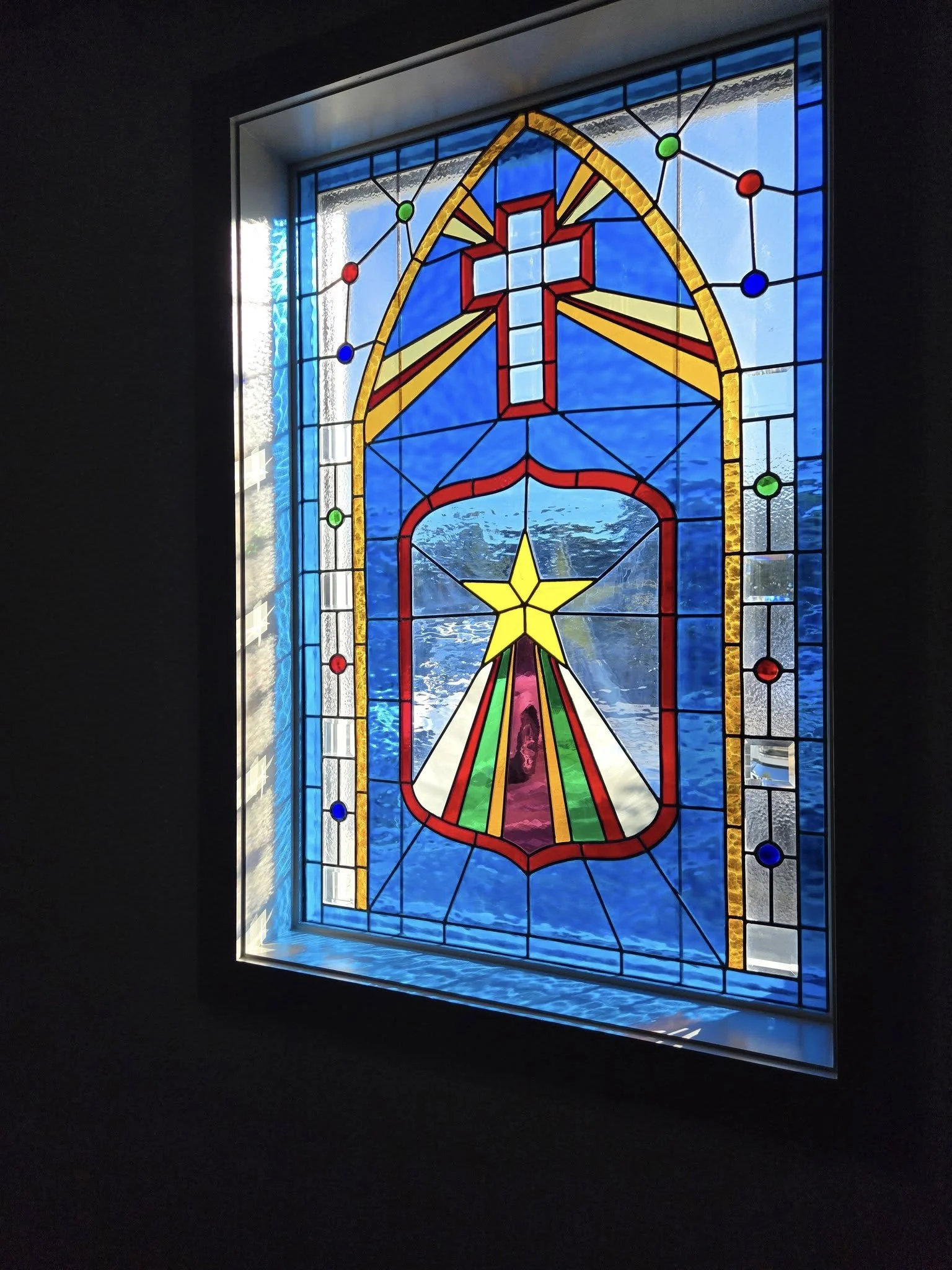 Stained glass window in Open Door UMC Clyde Texas