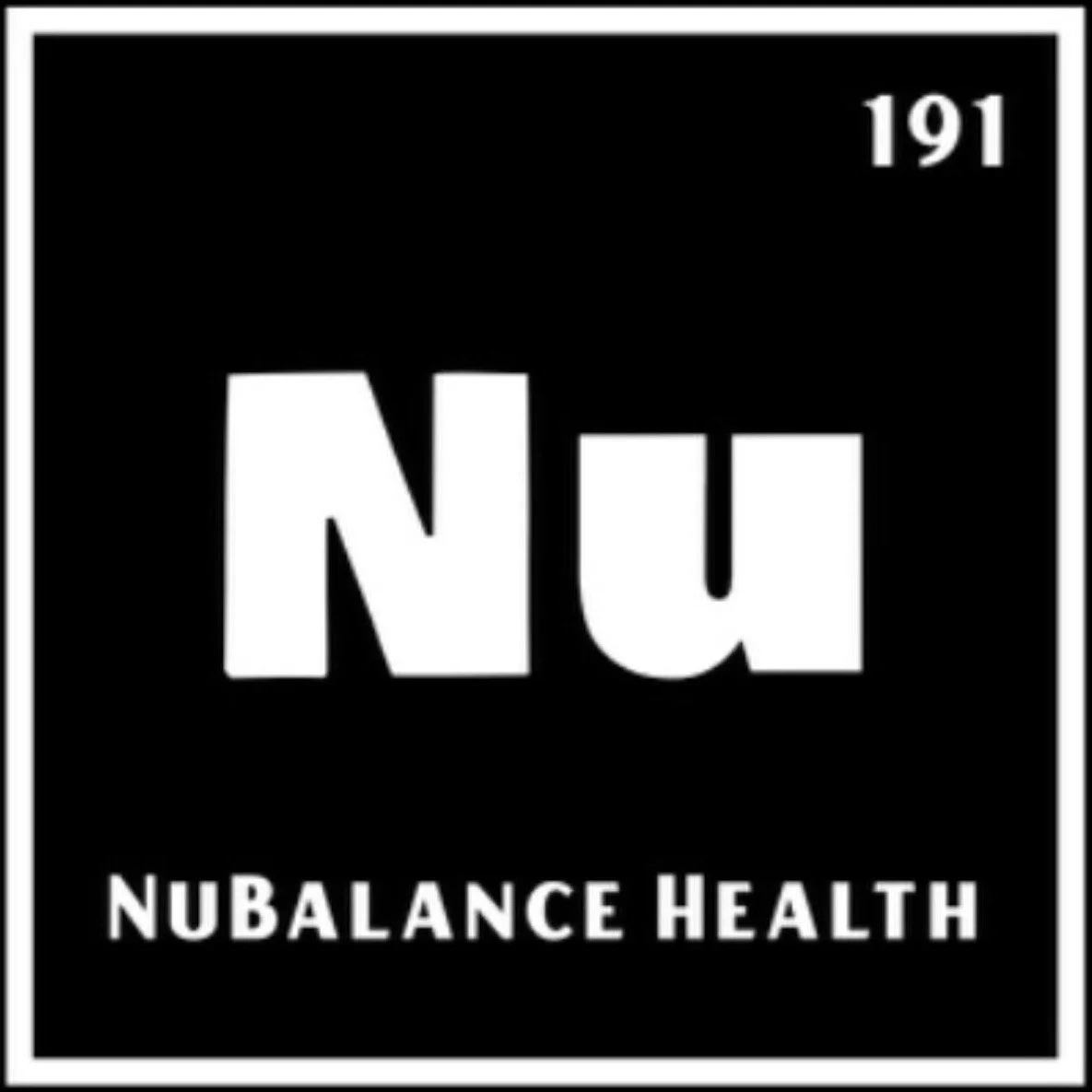 A logo resembling a periodic table element with the symbols 'Nu' in bold white font on a black background, and the words 'Nubalance Health' below, with the number 191 in white in the top right corner.