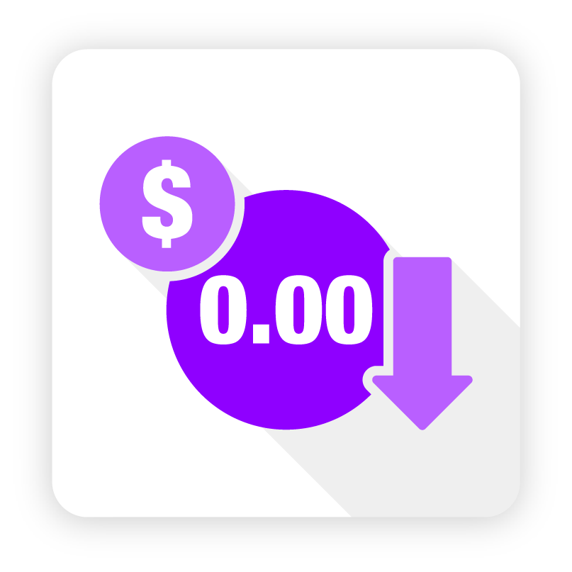 Icon of a purple dollar sign with "0.00" and downward arrow, indicating equipment financing with no down payment required