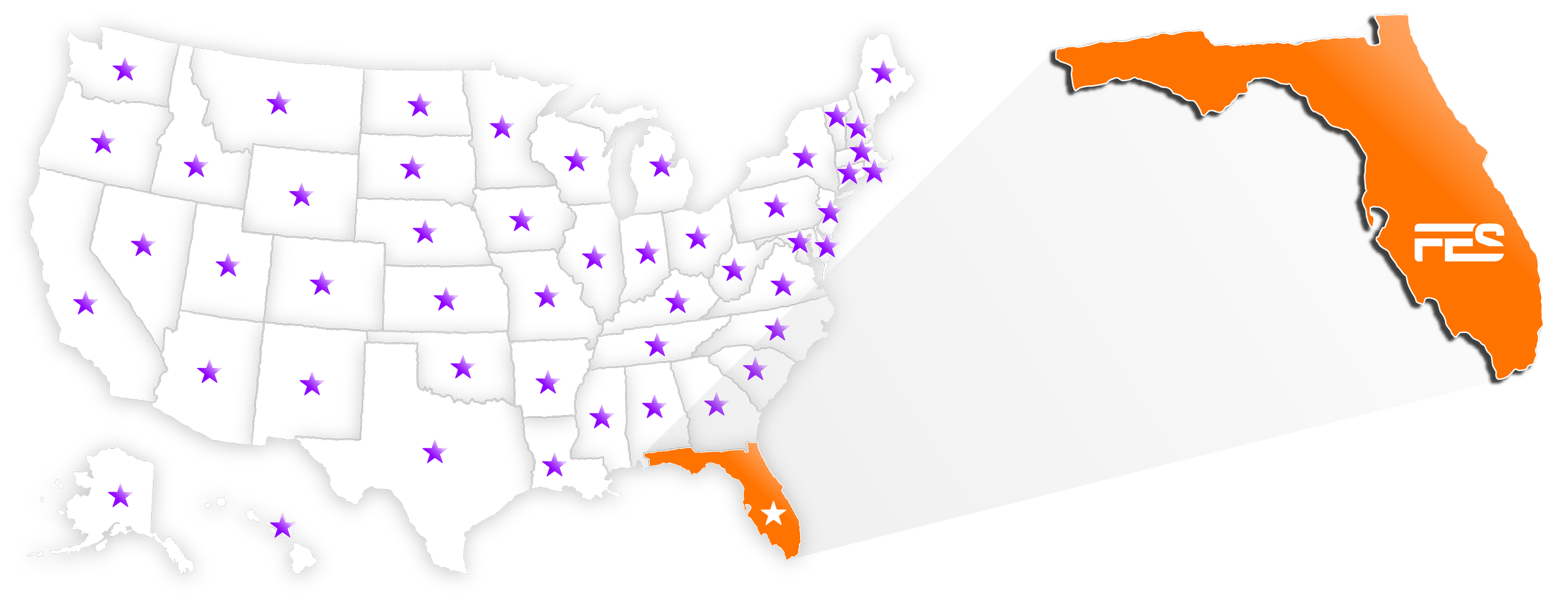Financial Equipment Solutions branded United States map showing nationwide business financing coverage across all 50 states