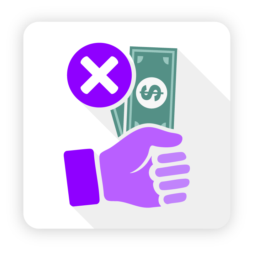 Icon of a hand holding cash with a purple "X" symbol, representing transparent equipment financing with no hidden fees