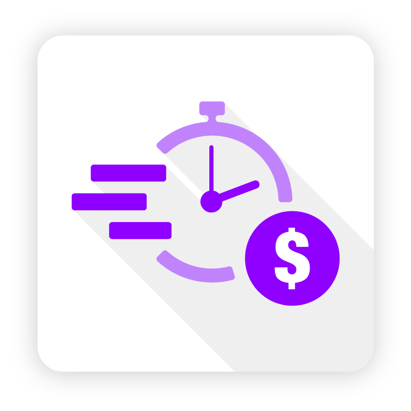 Icon of a clock with dollar sign and motion lines, illustrating rapid same-day equipment financing approvals