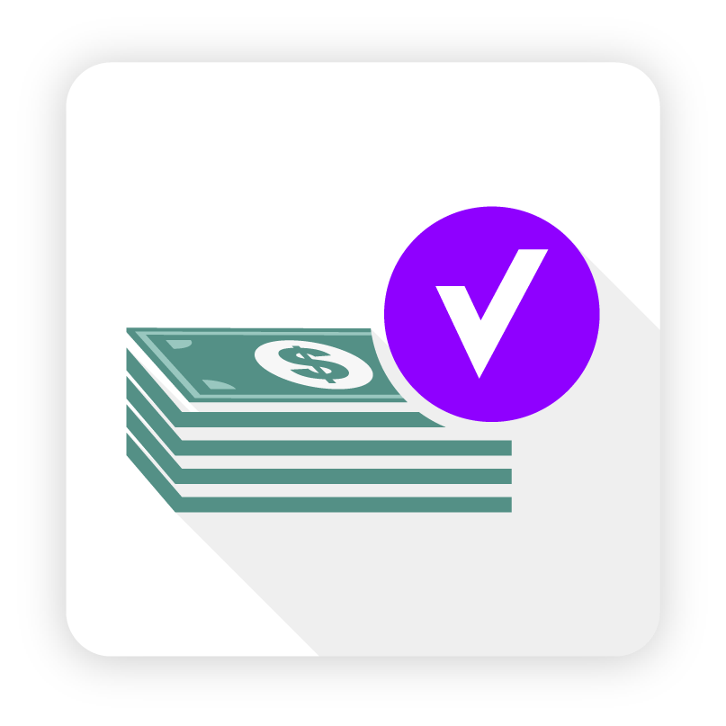 Icon of stacked dollar bills with a purple checkmark, symbolizing fast funding approvals ranging from $10,000 to $10 million
