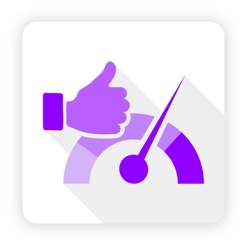 Icon of a credit score gauge with a purple hand giving a thumbs-up, representing credit-friendly equipment financing with no impact on credit score