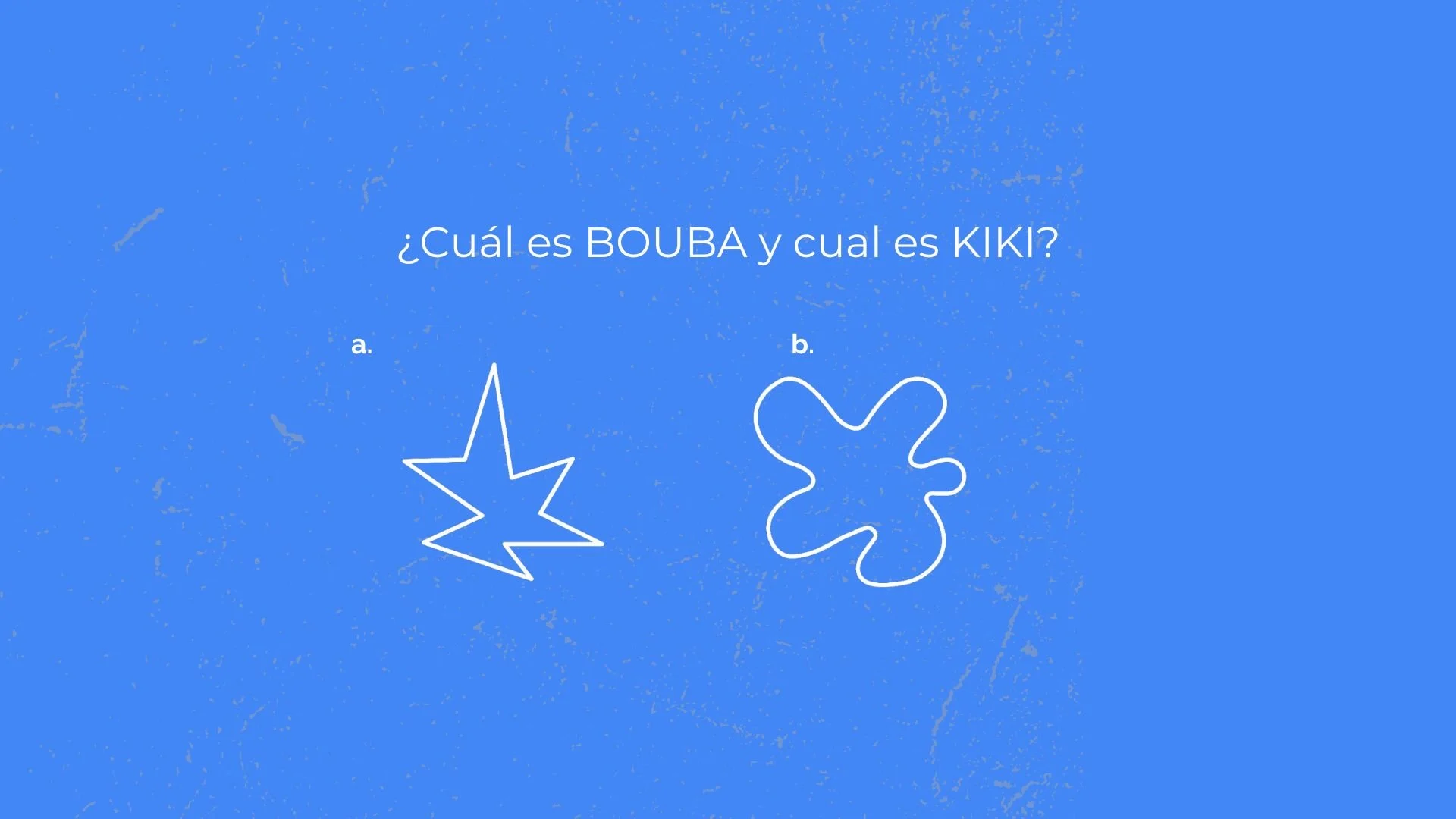 A blue background with white outline drawings of two different shapes labeled a and b. The text in Spanish asks, 'Which is BOUBA and which is KIKI?'