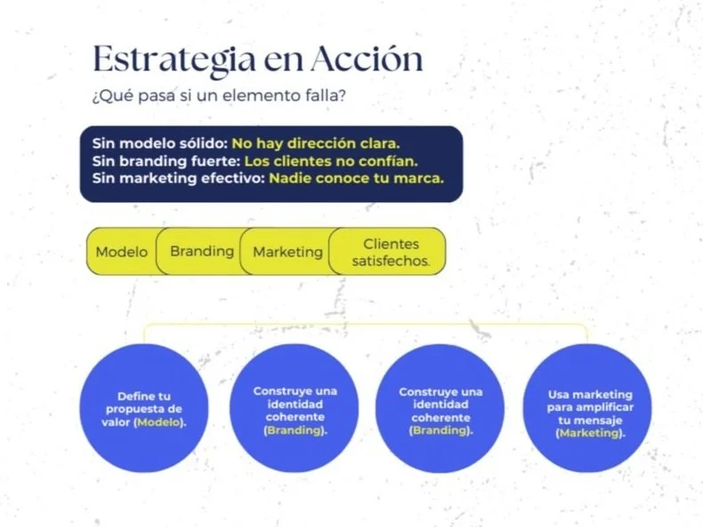 Diagram about action strategy for brand development with sections on model, branding, marketing, and satisfied customers, including bullet points on common issues when elements fail.