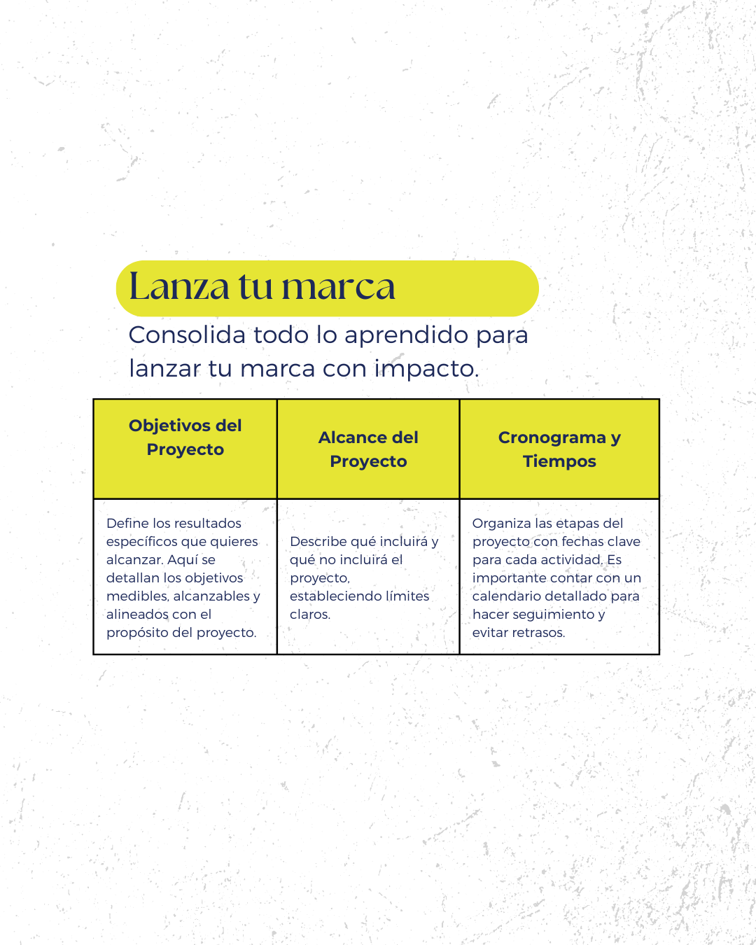 A table titled "Lanza tu marca" with sections on project objectives, scope, and schedule with timelines, written in Spanish, on a textured light gray background.