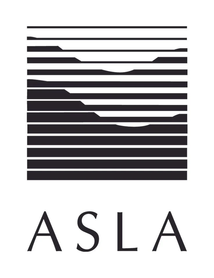 Black and white logo with horizontal lines creating an abstract design and the word 'ASLA' underneath.