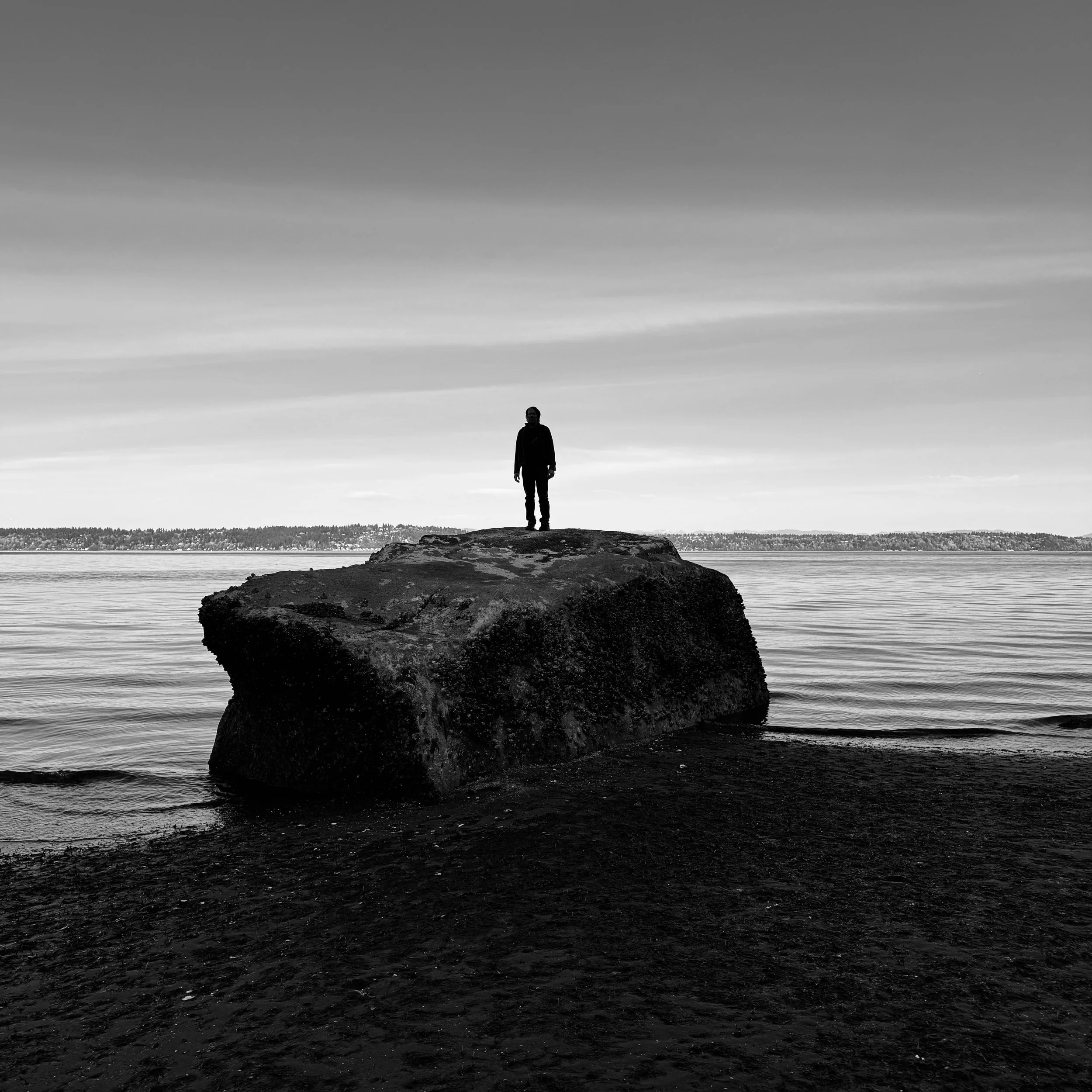 A person standing on a large rock by the water, with a cloudy sky and distant shoreline in the background.