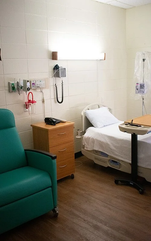 Patient room at North Runnels Hospital equipped for swing bed care, recovery, and rehabilitation in Winters, Texas.