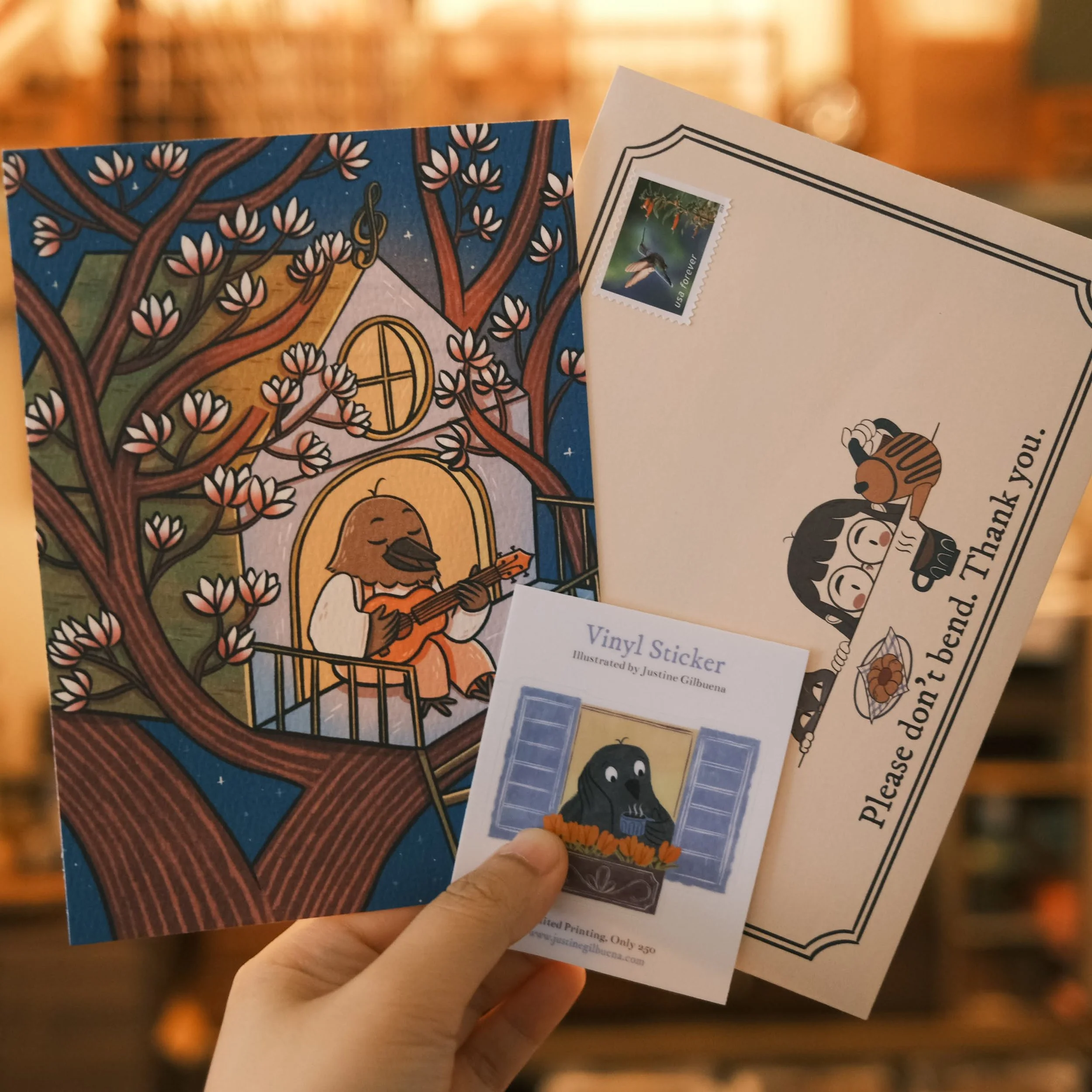 Apr 2025: Crow's Song Postcard and Crow &amp; Tulips Sticker