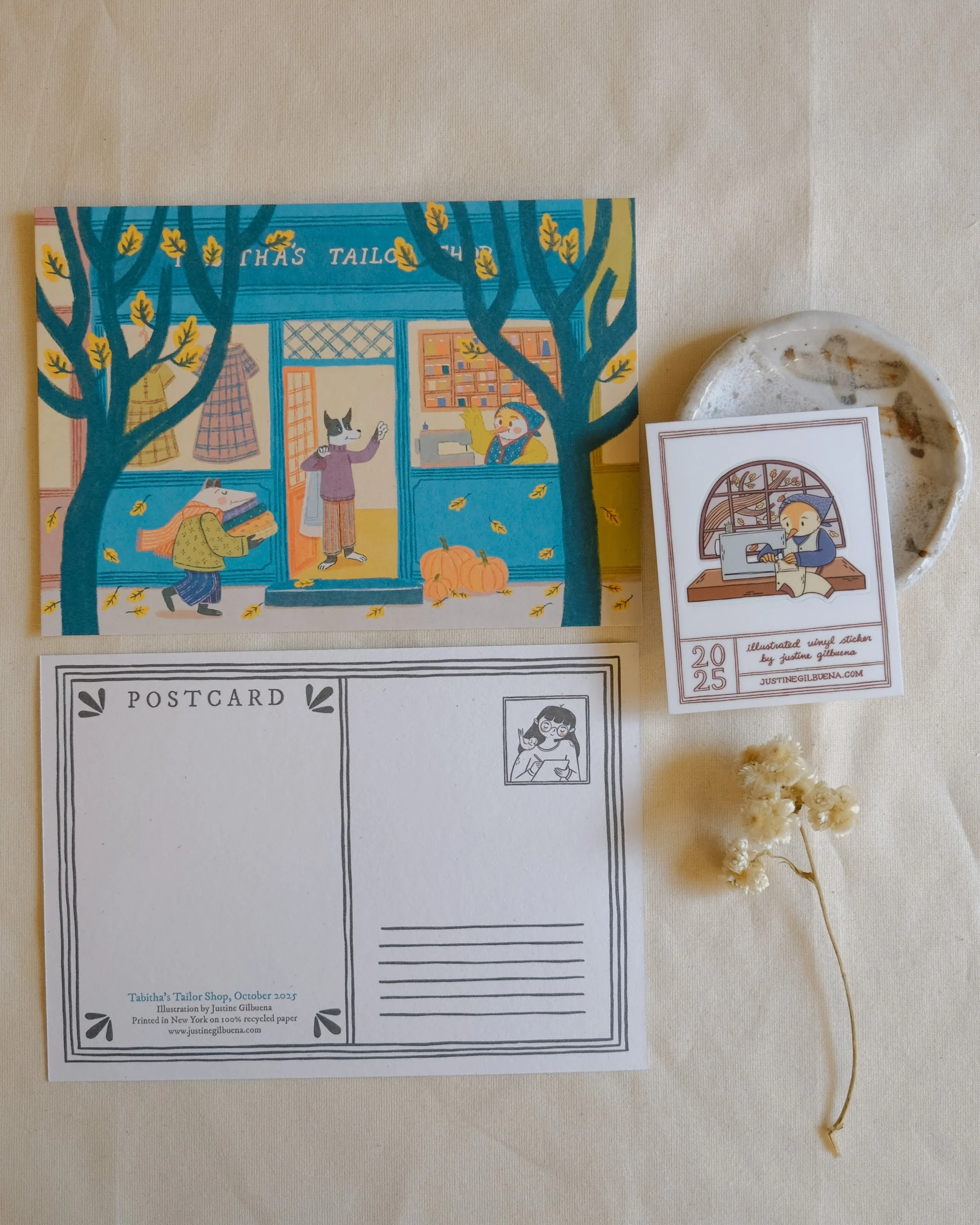 Oct 2025: Tabitha's Tailor Shop Postcard, Sewing Bird Sticker 