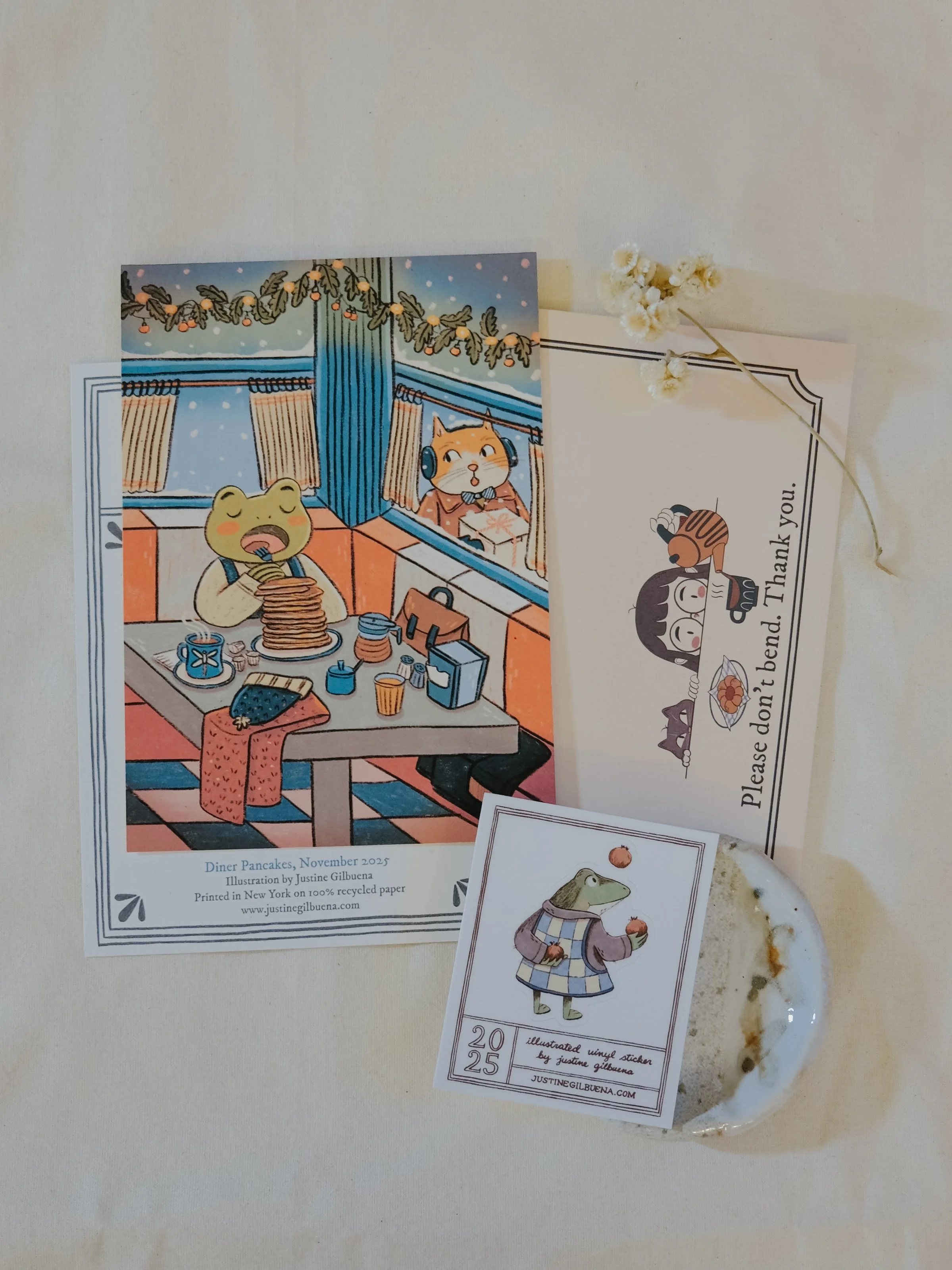 Nov 2025: Diner Pancakes Postcard, Pomegranate Juggler Sticker 
