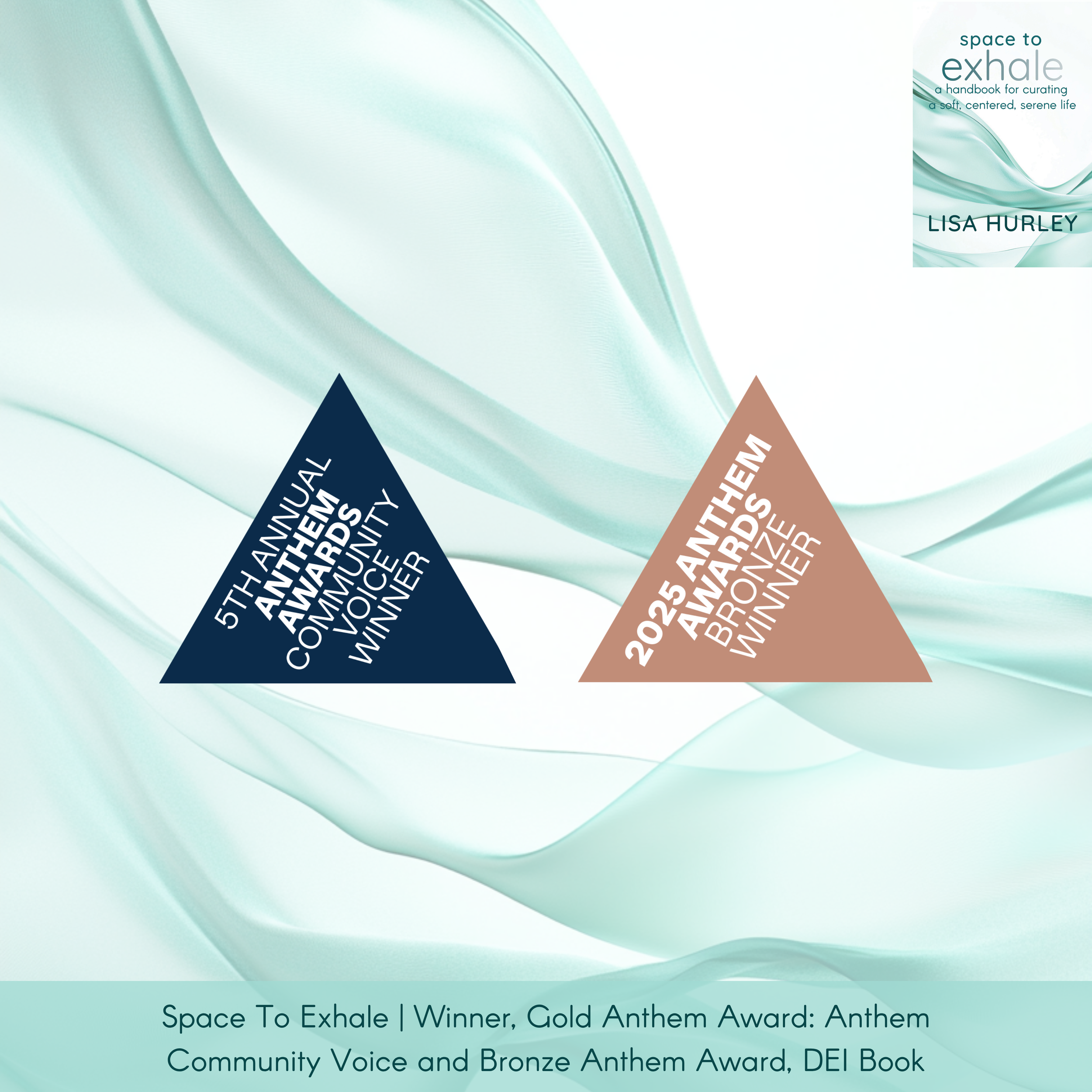 Promotional graphic for Space To Exhale by Lisa Hurley with the book cover at top right and two Anthem Awards badges centered. Caption: “Winner, Gold Anthem Award: Anthem Community Voice and Bronze Anthem Award, DEI Book.”