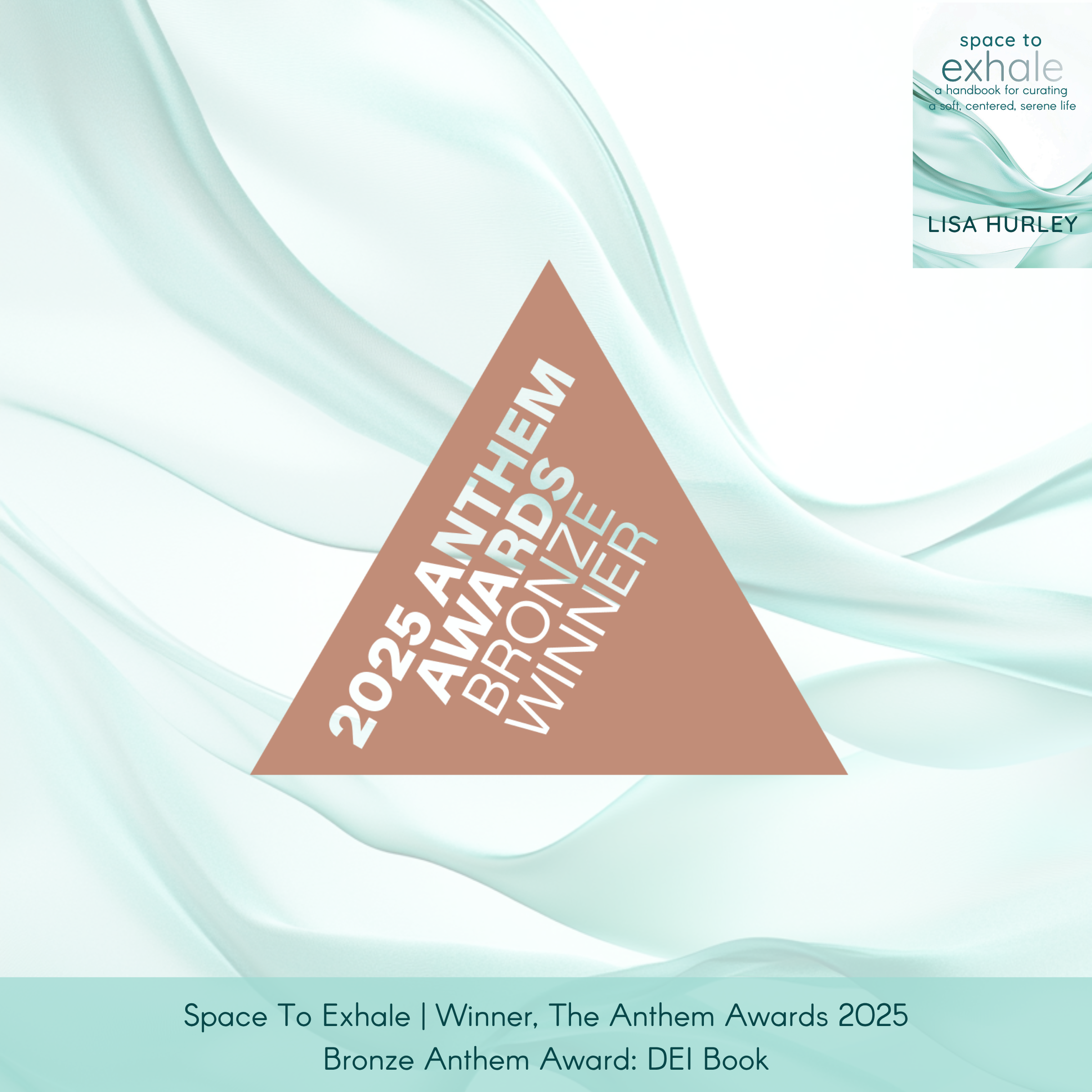 Space To Exhale by Lisa Hurley, published by Wiley, with the book cover at top right and an Anthem Awards logo centered. Caption: “Winner, Bronze Anthem Award: DEI Book.”