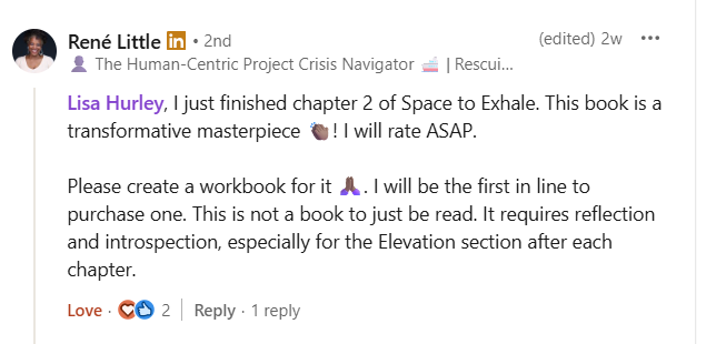 Screenshot of a LinkedIn post by René Little expressing appreciation for a book by Lisa Hurley and requesting a workbook to accompany it.