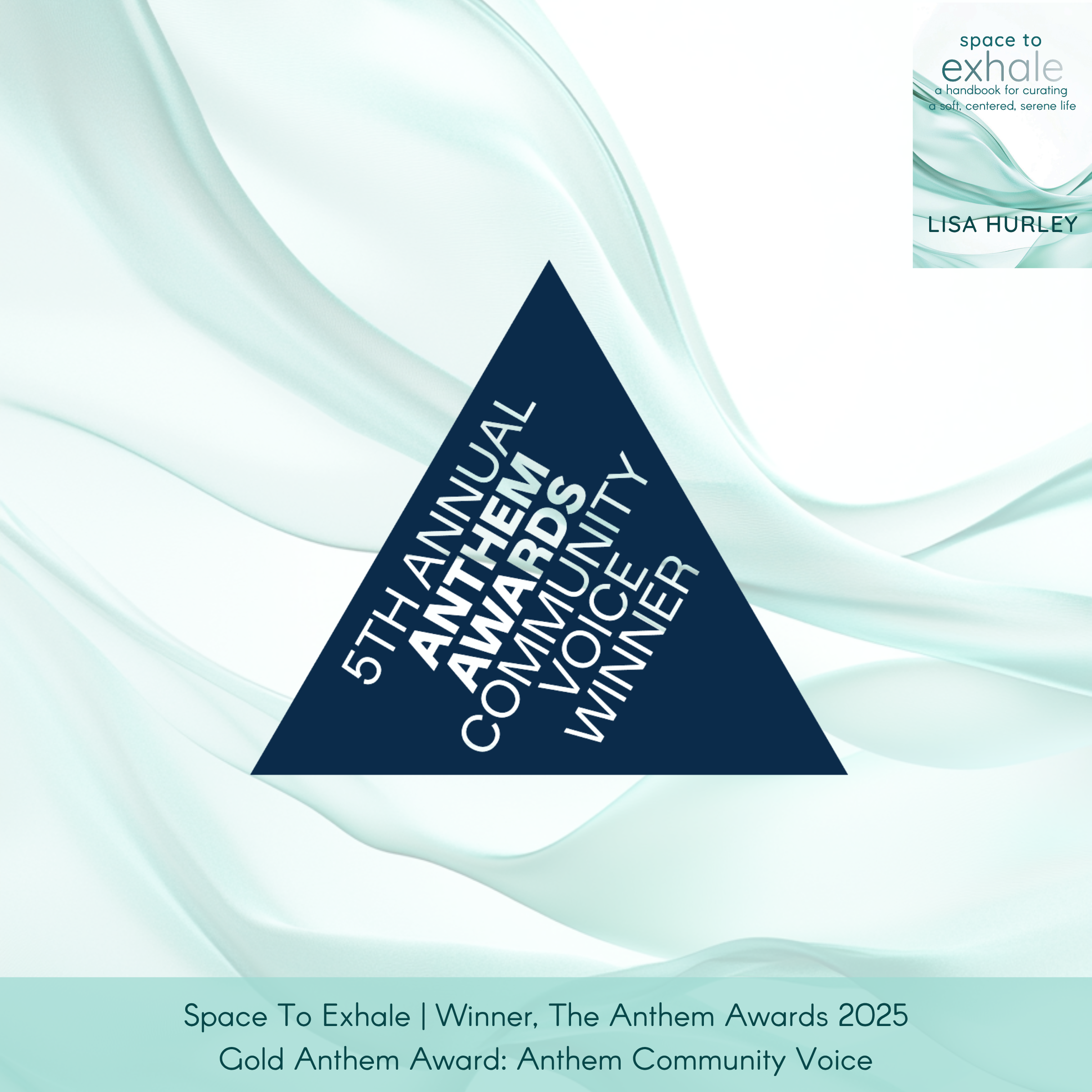 Space To Exhale by Lisa Hurley, published by Wiley, with the book cover at top right and an Anthem Awards logo centered. Caption: “Winner, Gold Anthem Award: Anthem Community Voice.”