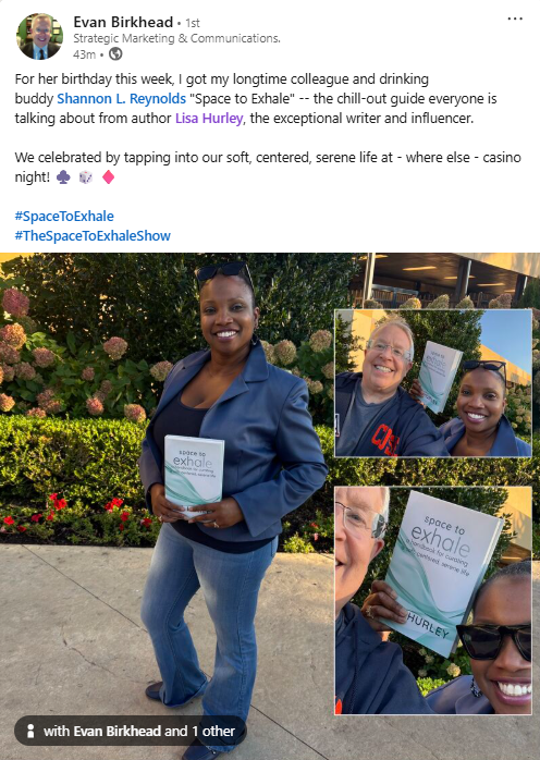 A woman in a blue blazer and jeans holding a book titled 'Space to Exhale'. She is outdoors with greenery and flowers behind her, smiling. She is taking selfies with friends, one man wearing glasses and another woman with sunglasses, both smiling and
