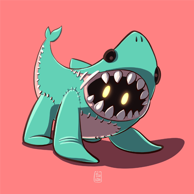 A cartoon creature with the body of a fish, a shark-like head with a large mouth full of sharp teeth, and a single eye, set against a pink background.