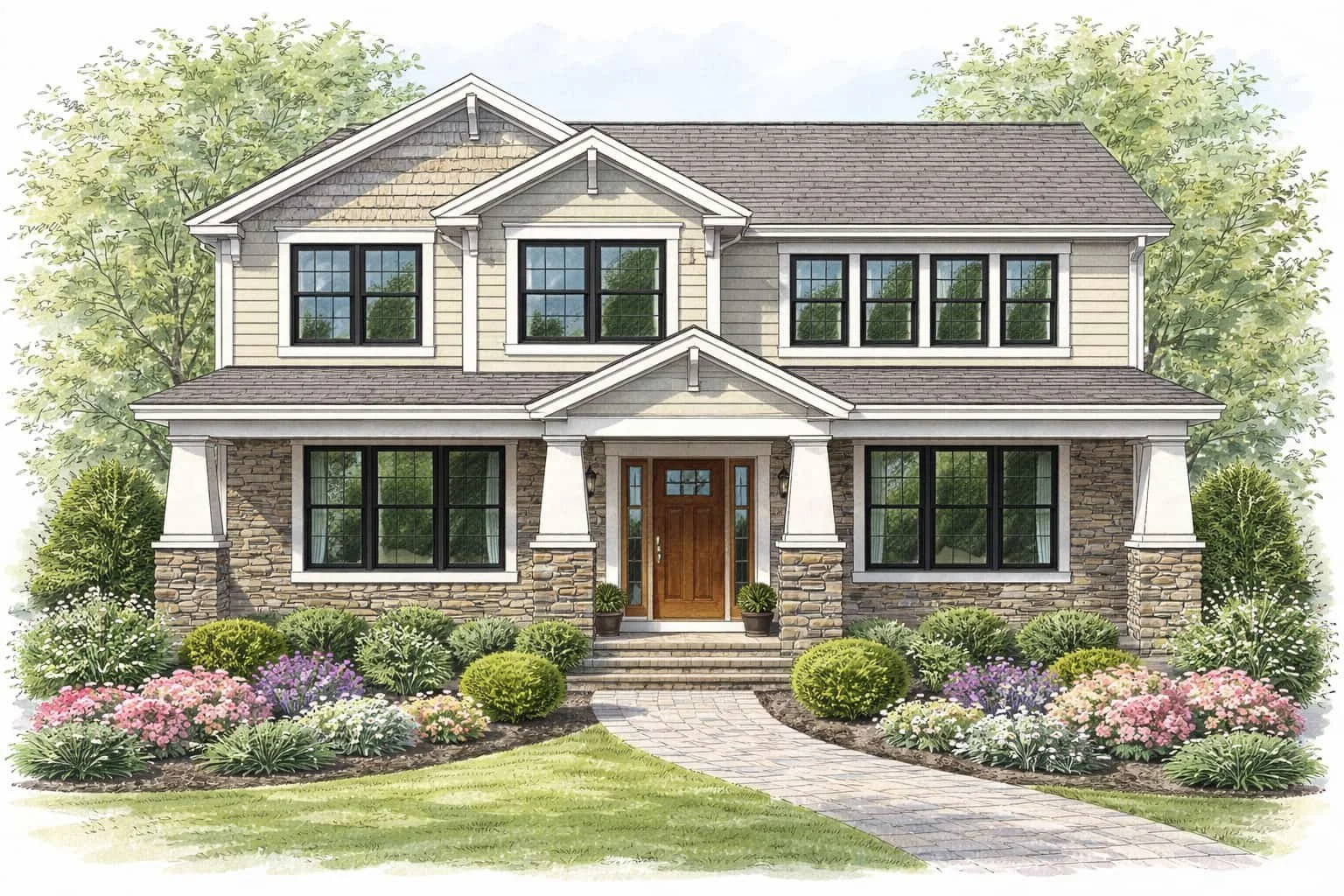 Colored architectural illustration of a two story craftsman home showcasing window replacement with new black windows, stone accents, and a covered front porch