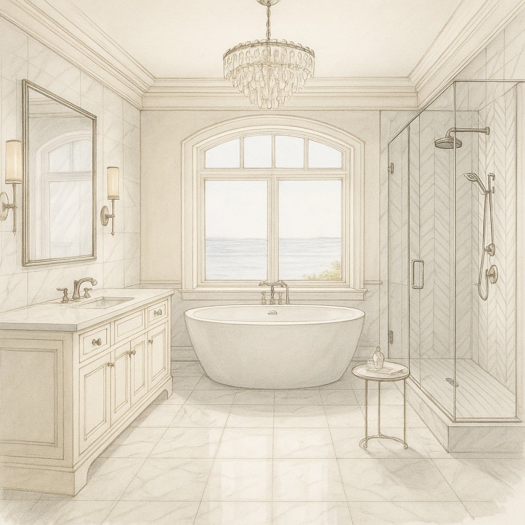 East Bay bathroom remodeling with porcelain tile and quartz vanity