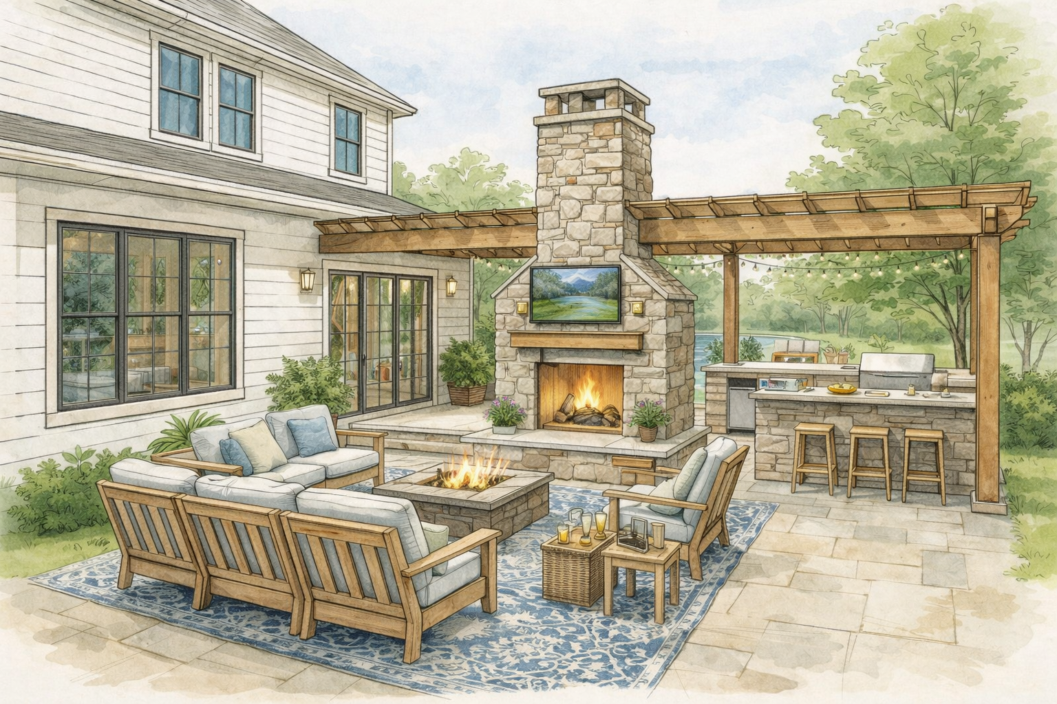 Watercolor and ink illustration of an outdoor living patio with pergola, stone fireplace, outdoor kitchen, and seating area behind a white farmhouse.