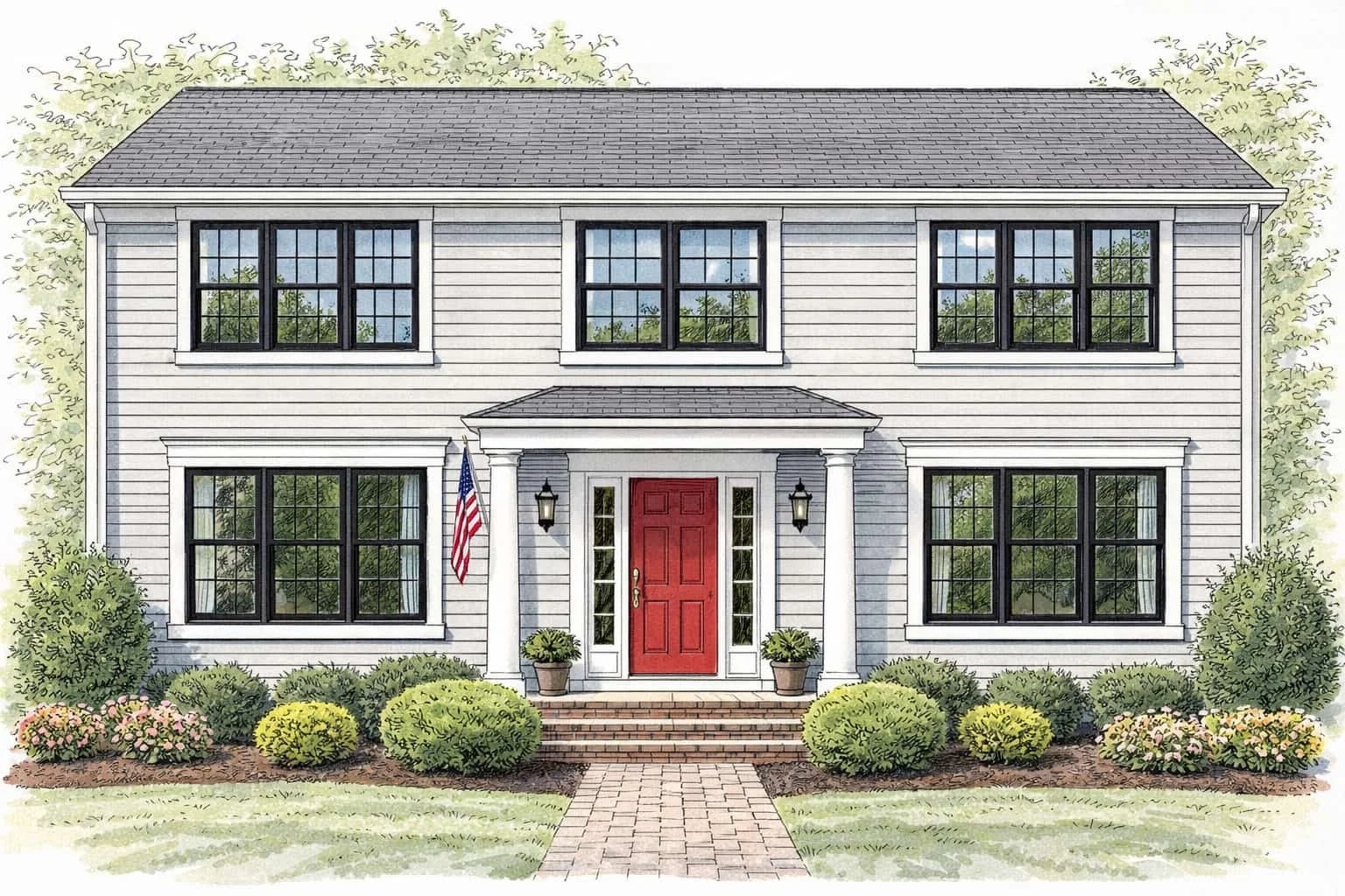 Architectural watercolor drawing of a colonial style home after window replacement featuring new black framed windows, gray siding, white trim, and a red front door