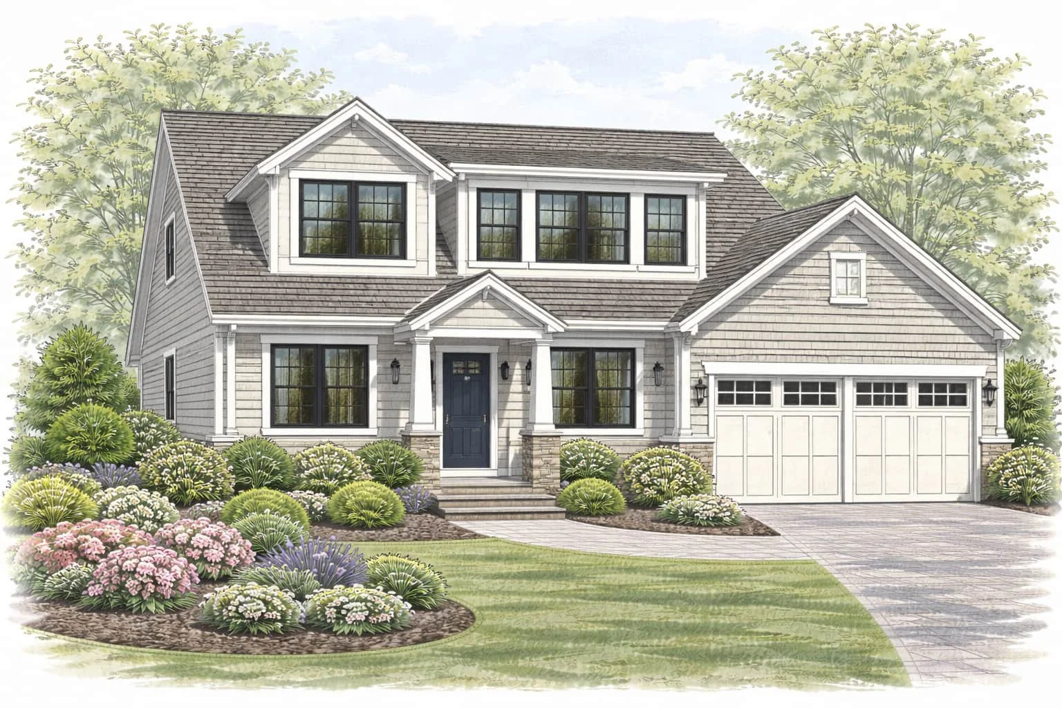 This architectural watercolor illustration showcases a second story dormer home addition that expands upper-level living space by introducing new dormer windows, improved natural light, and a roofline carefully designed to complement the original hom