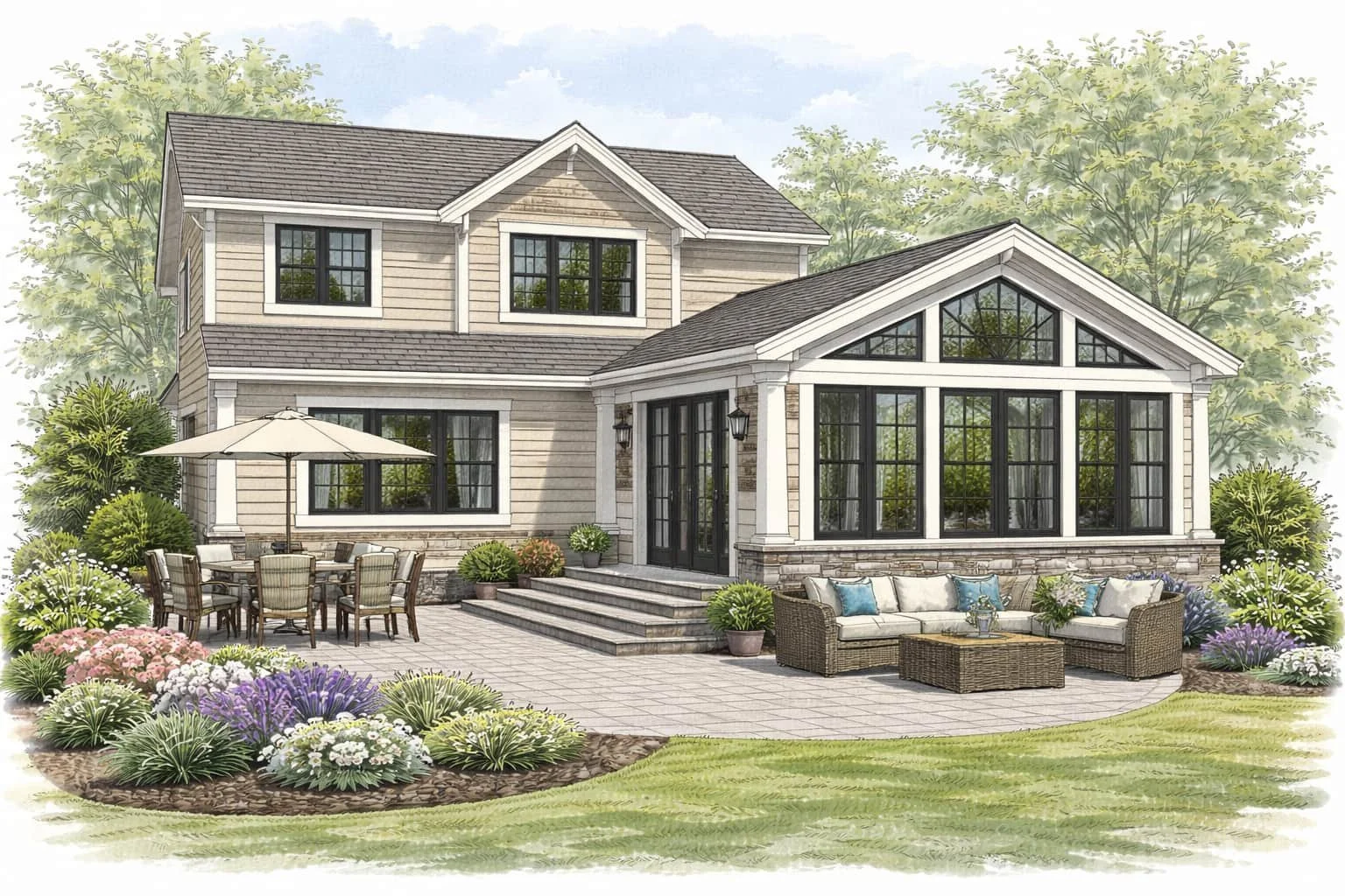 This architectural watercolor illustration shows a custom home addition featuring a sunroom with large black-framed windows, stone foundation details, and French doors opening to a landscaped patio and outdoor seating area.
