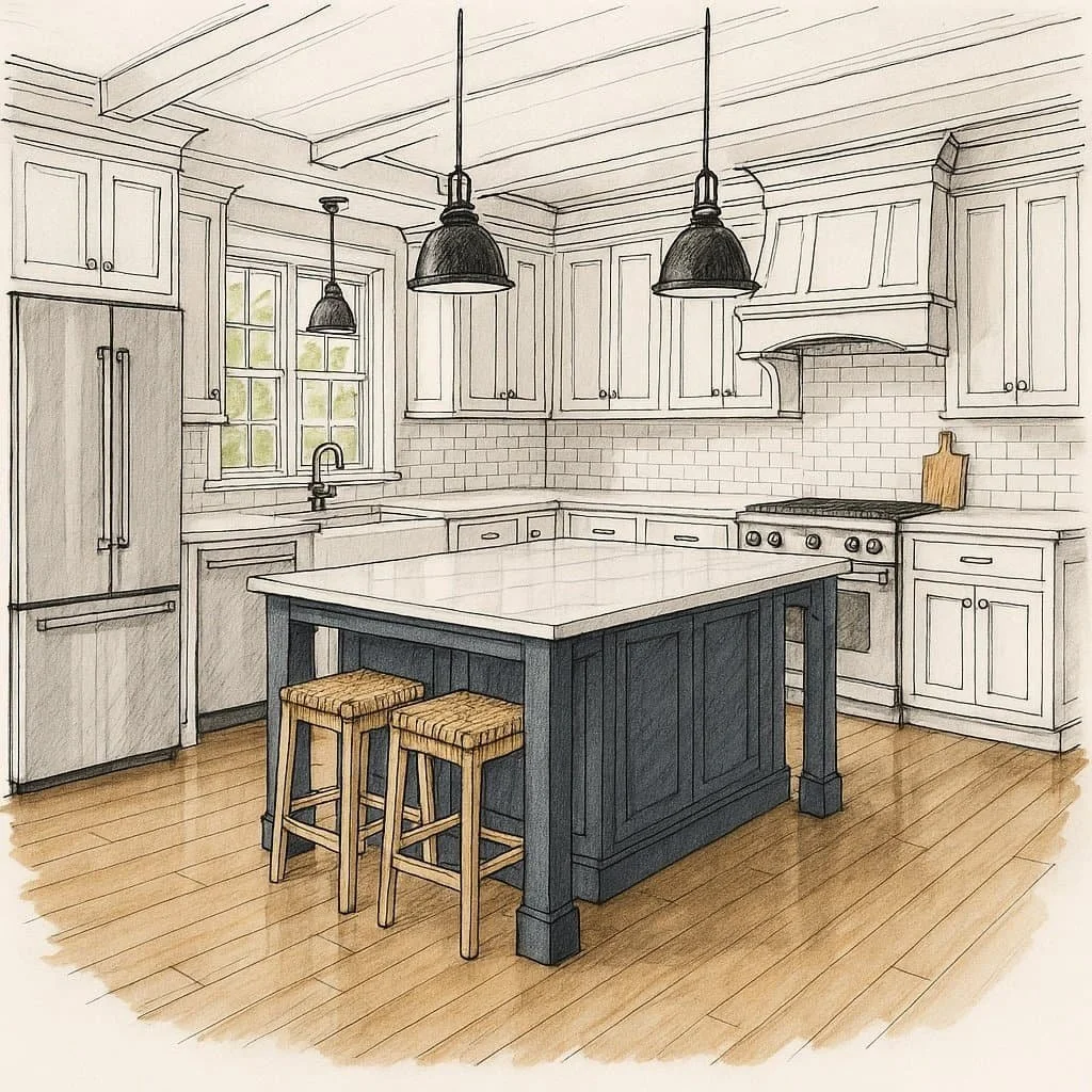 Custom kitchen remodeling layout with pantry pull outs and under cabinet lights