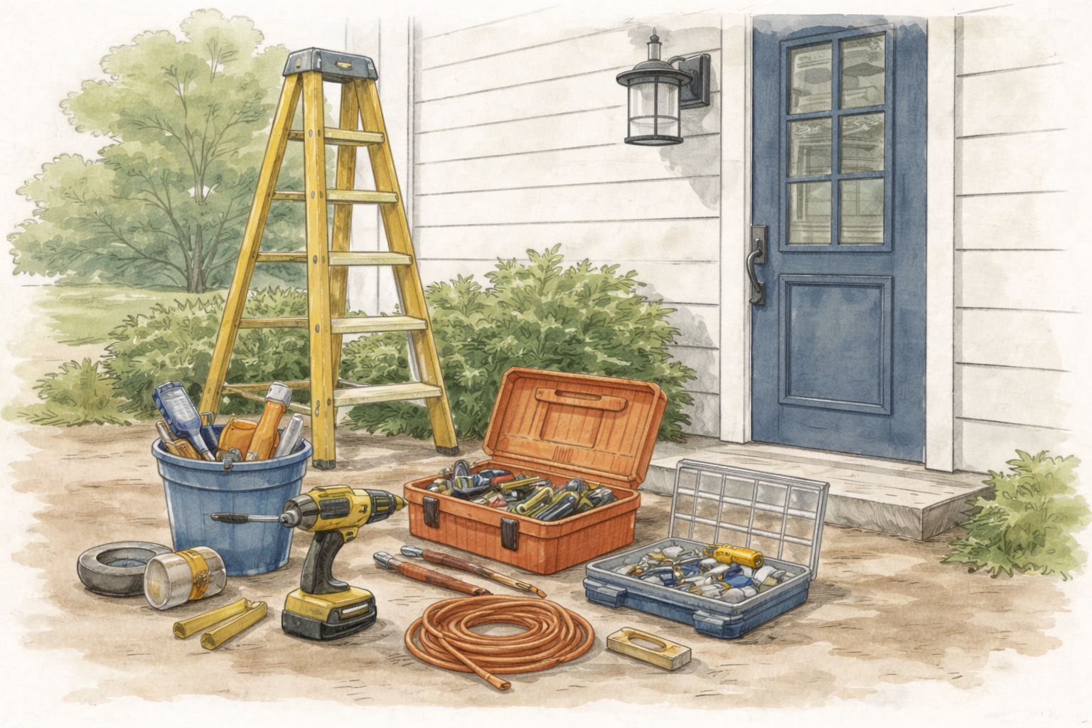 Watercolor and ink illustration of handyman tools and a ladder on a front porch entry with a blue door and exterior light.
