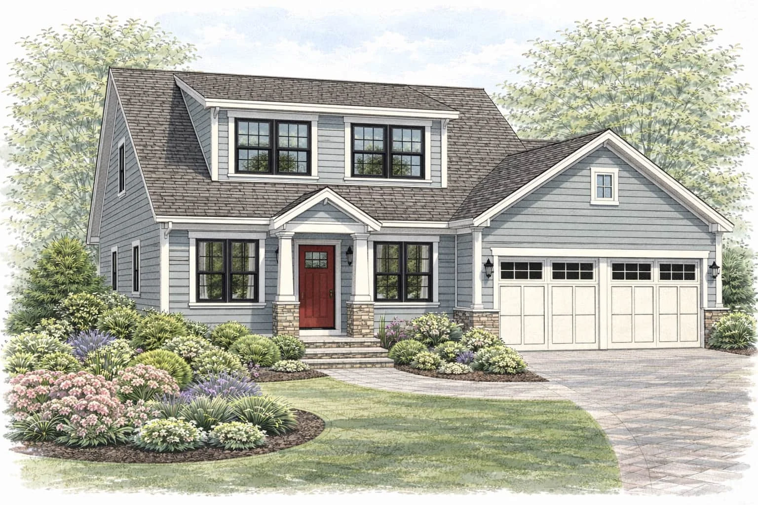 This architectural watercolor rendering features a dormer home addition that increases usable space on the upper level, incorporating new windows, matching shingles, and balanced proportions that blend naturally with the existing New England-style ho