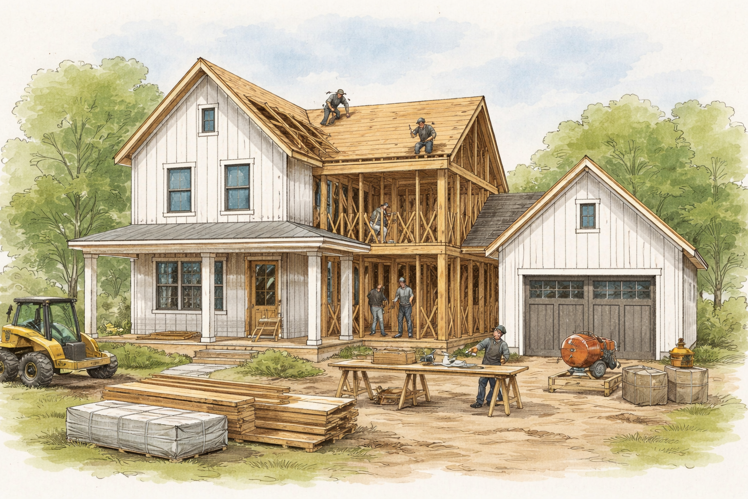 Watercolor and ink illustration of a two story home under construction with framing exposed, workers on the roof and site, and building materials in the yard.