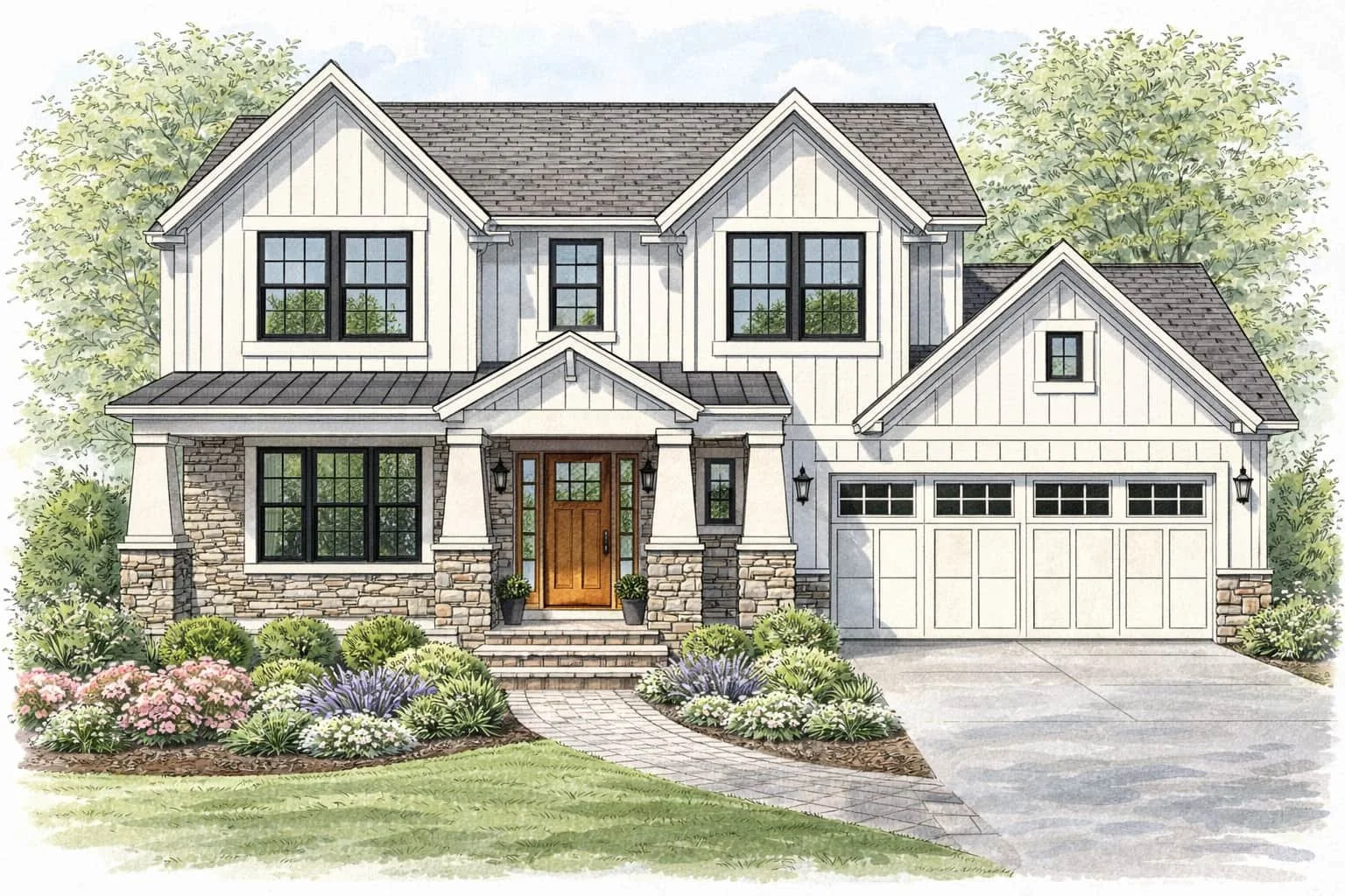 Watercolor architectural drawing of a modern farmhouse highlighting window replacement with black windows, board and batten siding, stone columns, and an attached garage