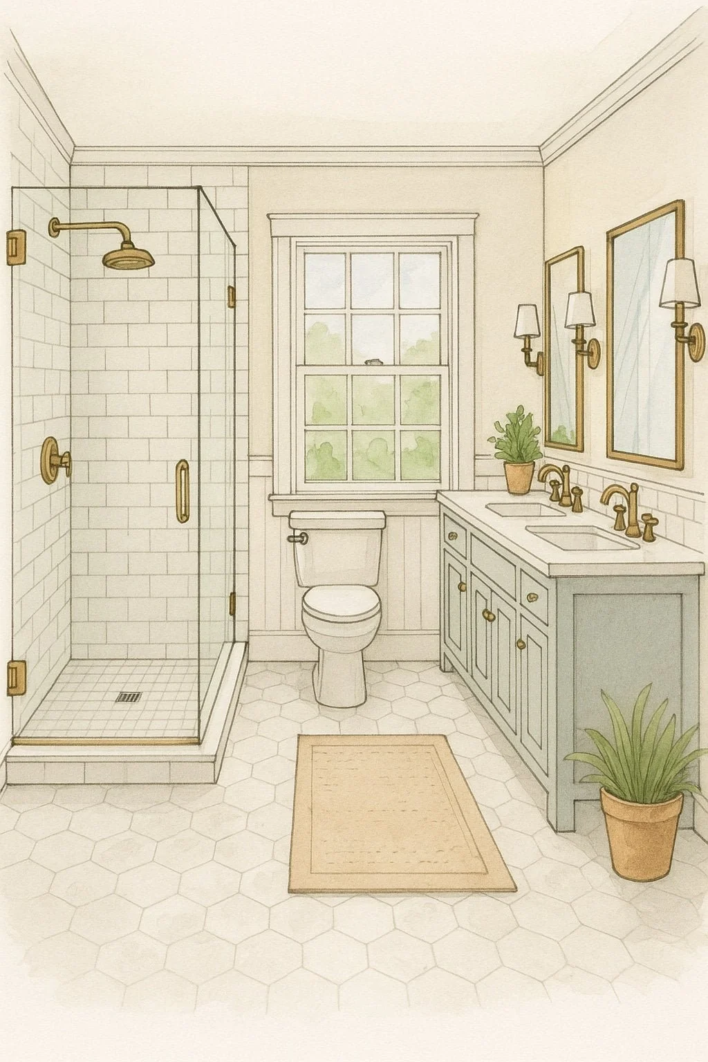 Double vanity with drawer storage in a family bathroom remodel